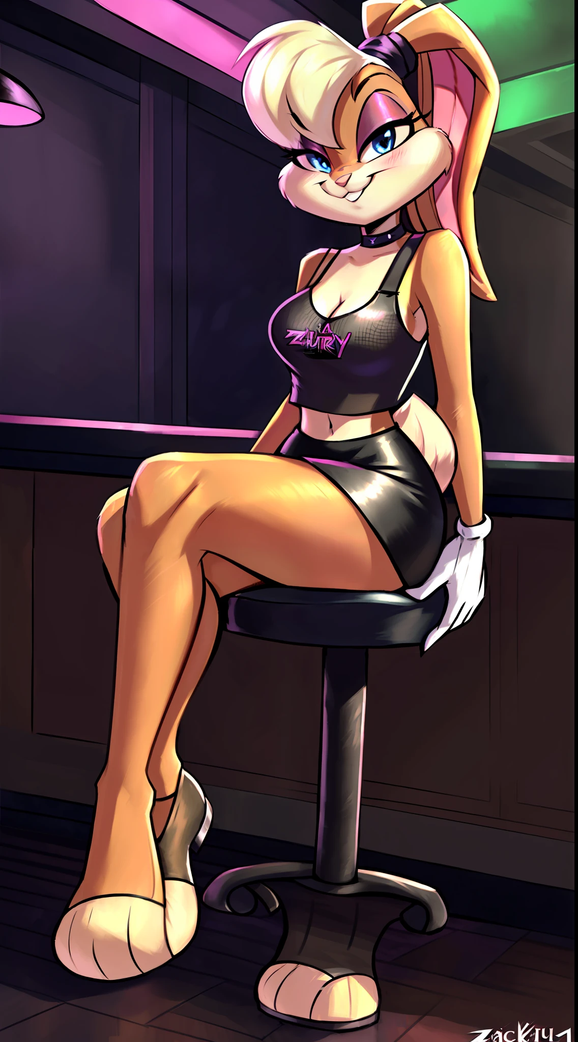 by Zackary911, kenket, kilinah, Zackary911, (((Lola Bunny, woman, breasts, antrum, extremely detailed, extremely detailed legs, extremely detailed arms, extremely detailed face, perfectly detailed eyes, perfectly detailed anatomy))): 1.2, solo, perspective, curved thighs, huge thighs, curvature, embarrassed smile, (tail), totally blushed, nervous, looking at the viewer, blue eyes, black choker, gothic outfit, green tank top, black skirt, Fishnet stockings, boots, gothic makeup, Nightclub, neon lights, Fishnet gloves, bar, sitting on a chair