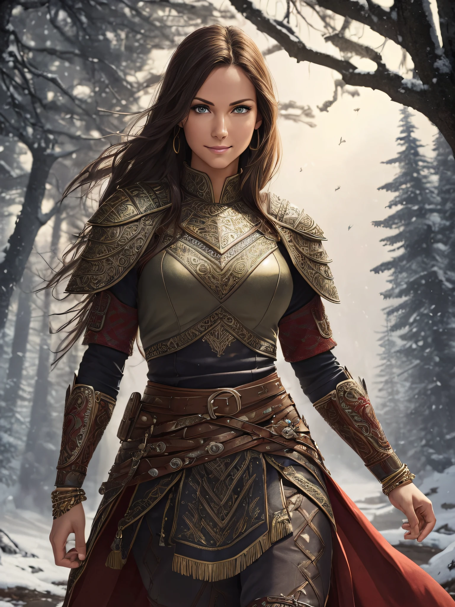 ((realistic:1.5)),((best quality)), ((masterpiece)),((detailed)), ((8K)), (1girl), a beautiful 27 year old female (half body:1.5), face focus, toned muscles, long legs, slim thighs, narrow hips, green eyes, tiny breasts, (detailed face, sultry smile, beautiful eyes, detailed clothes, clear background:1.5), (Normal skin, short black hair, outlined eyes, outlined face, bracelet, half body), wearing intricately detailed red viking armor, boots, belt, fighting, detailed night countryside background, stars, trees, eagle in the sky, soft lighting, best shadow, soft details, perfect composition, Intricate, Sharp focus, dramatic