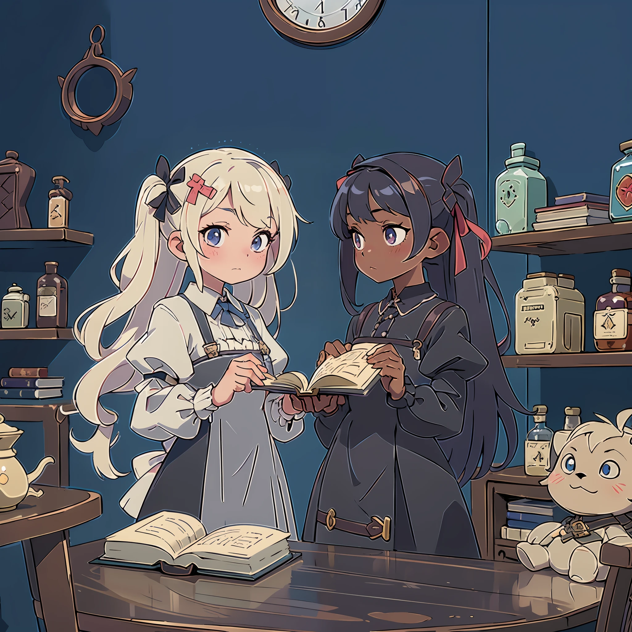 masterpiece, highres, absurdres, twintails, two side up, adorable, alchemy, laboratory, gothic ta, frilled dress, books, wunderkammer, artifacts, flask, telescope, occultism