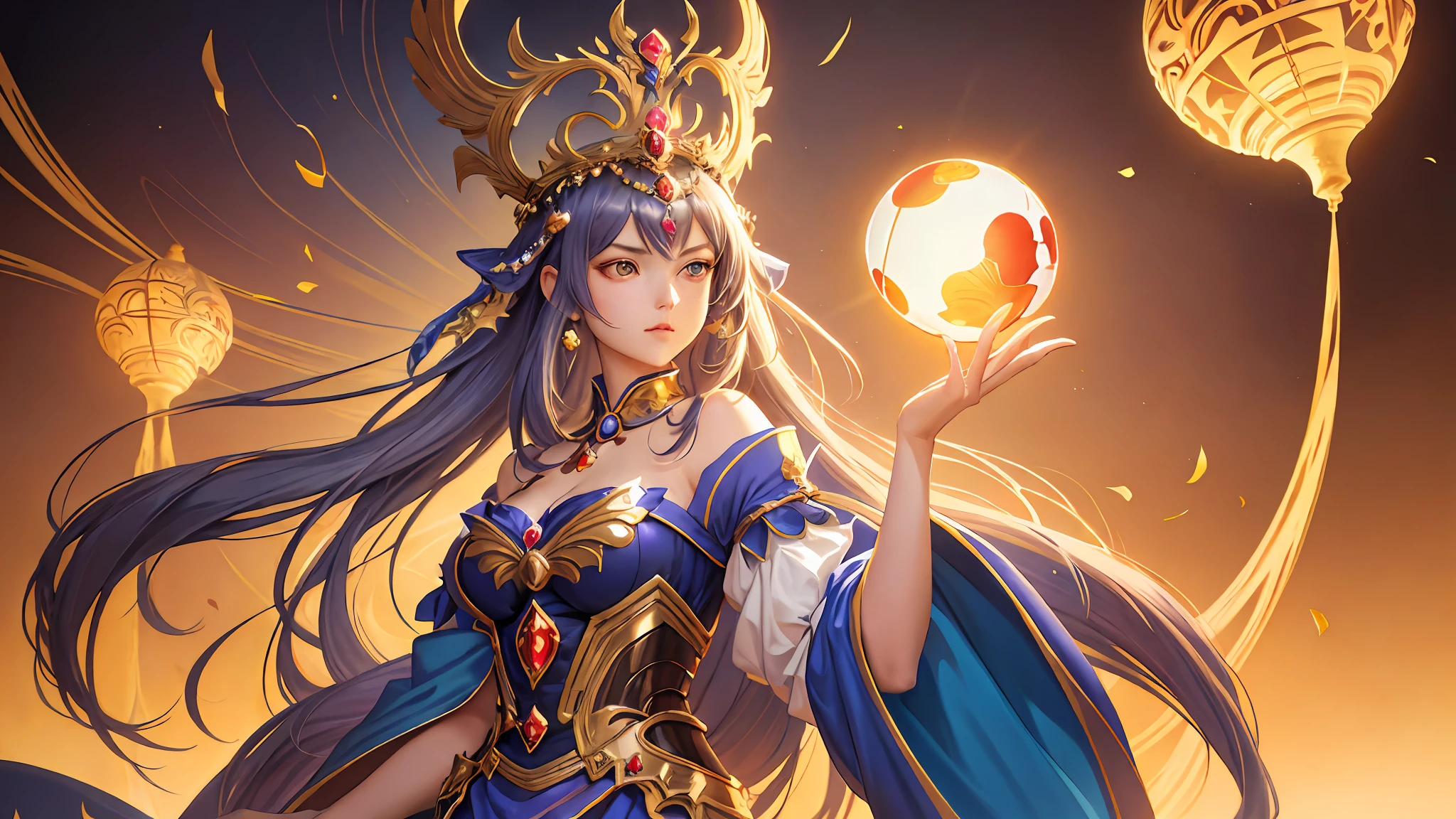a painting of a woman in a costume holding a ball, a beautiful fantasy empress, extremely detailed artgerm, 8k high quality detailed art, anime goddess, by Yang J, ((a beautiful fantasy empress)), beautiful character painting, style of artgerm, 2. 5 d cgi anime fantasy artwork, artgerm. anime illustration