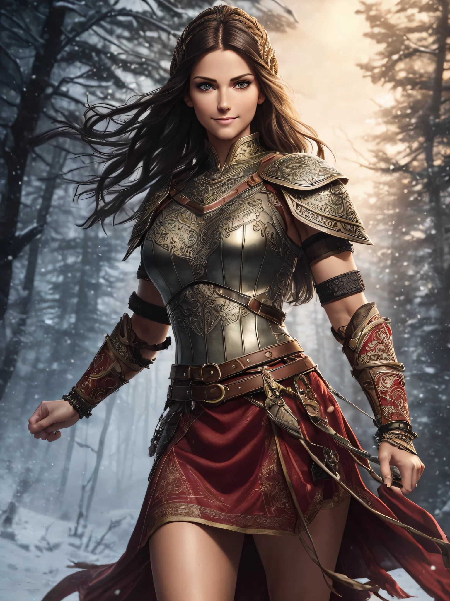 ((realistic:1.5)),((best quality)), ((masterpiece)),((detailed)), ((8K)), (1girl), a beautiful 27 year old female (half body:1.5), face focus, toned muscles, long legs, slim thighs, narrow hips, green eyes, tiny breasts, (detailed face, sultry smile, beautiful eyes, detailed clothes, clear background:1.5), (Normal skin, short black hair, outlined eyes, outlined face, bracelet, half body), wearing intricately detailed red viking armor, boots, belt, fighting, detailed night countryside background, stars, trees, eagle in the sky, soft lighting, best shadow, soft details, perfect composition, Intricate, Sharp focus, dramatic