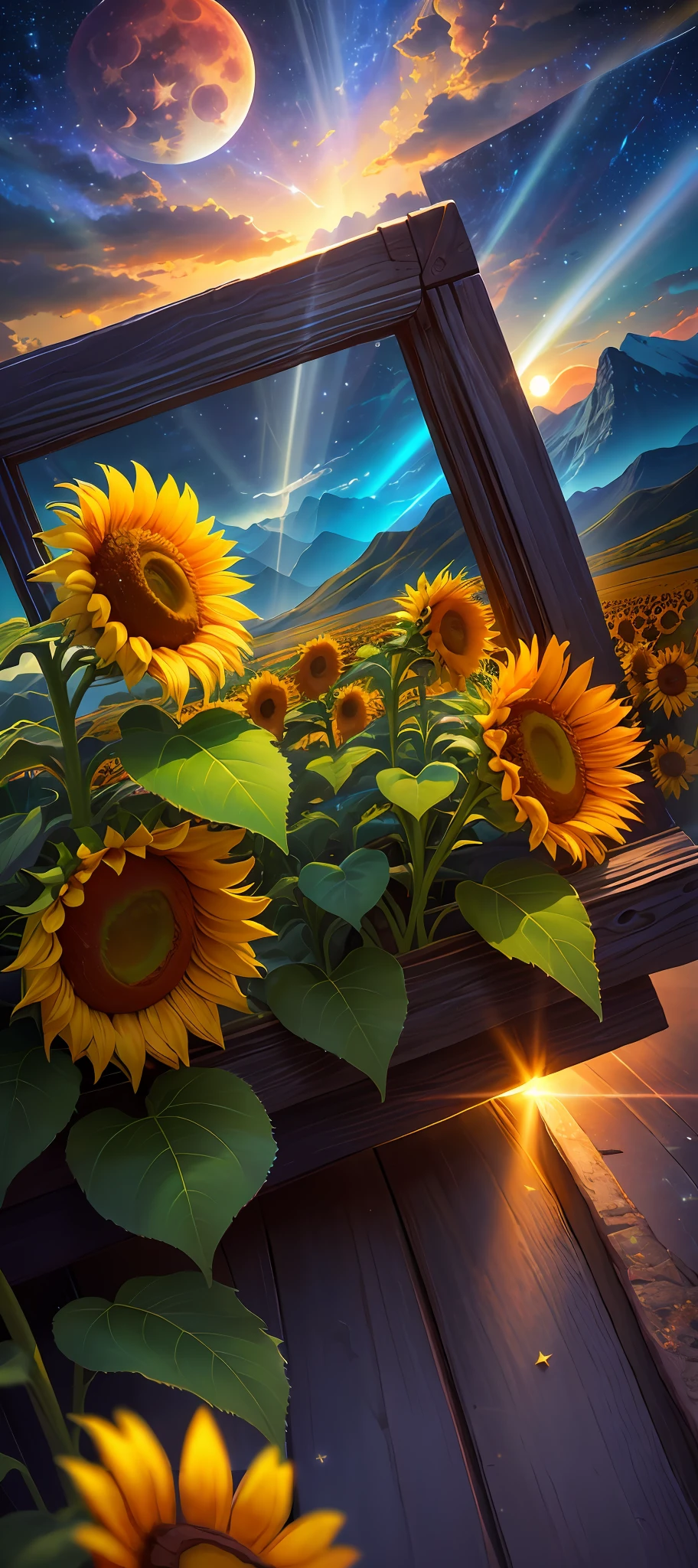 Masterpiece, 8k wallpapers, extremely detailed, best quality, high quality, landscapes. ((Colored sky)), clouds, (((Full moon, nebula and background stars))), (mountains), panorama, , Detail enhancement, Detail enhancement, sunflower, sunflowers, Flawless. Award-winning photography, Depth of field, HDR, Photorealism, Highly detailed, Intricate, High detail, Dramatic, ((color image)), ((single image)), night, realistic, (((vivid colors)), blue, red, yellow, orange, green, ((light rays, rays)),