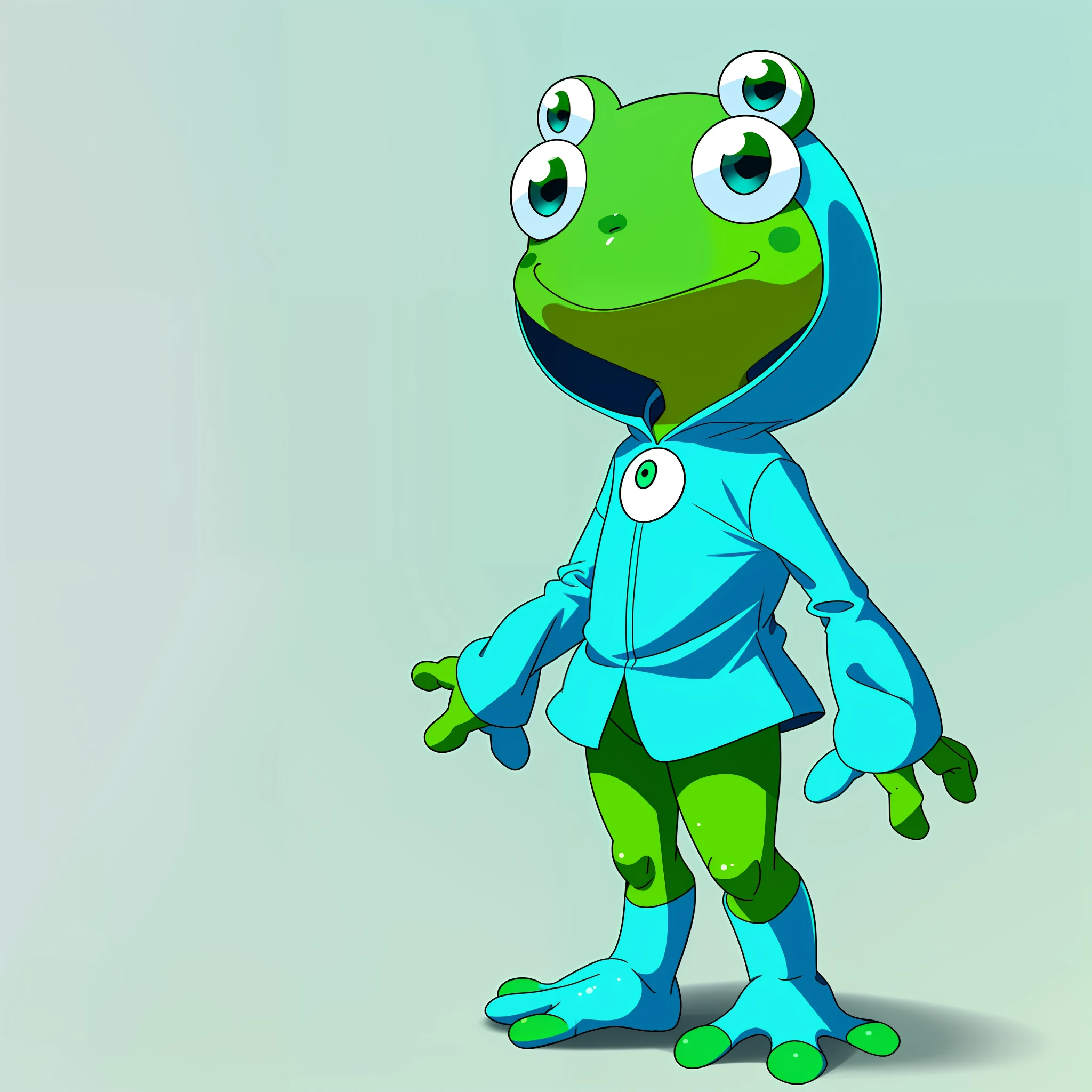 Bright green man frog dressed in light blue clothes like Sgt. Keroro, cartoon, standing in one, white background, cute, top quality, full: 1.2, eyes big