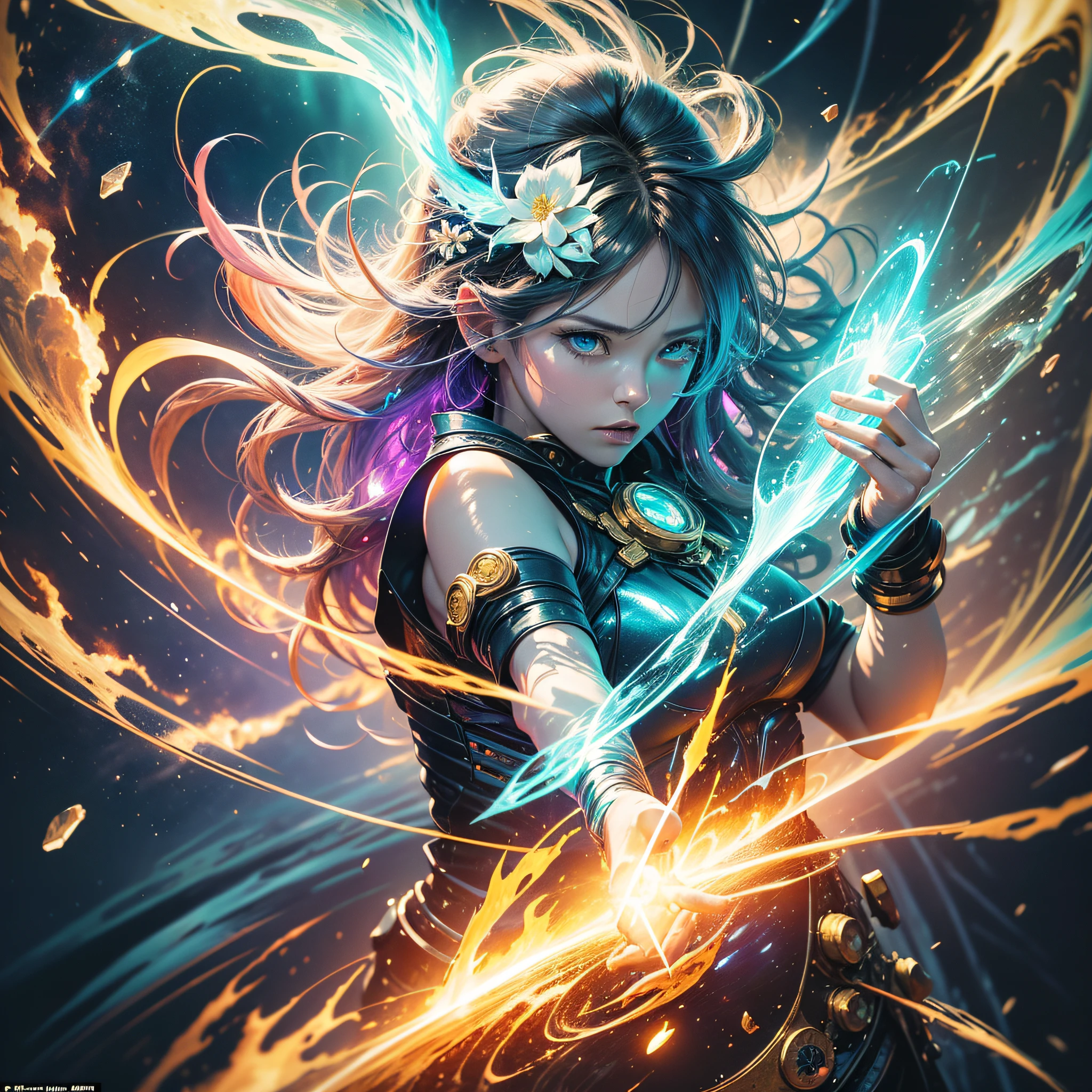 Digital Ilustration, Anime style, Woman, elemental mage engulfed in blue flames and yellow lightning, chromatic chaos, gold and ice tones, depth of field, beautiful, highly detailed, hyperrealistic, cinematic lighting, clear, space background, cinematic lighting soft, (backlight: 1.2), (flowering: 1.2), (bright light: 1.1), (chromatic aberration: 1.2), sharp focus, high contrast ,masterpiece, photorealistic --auto --s2