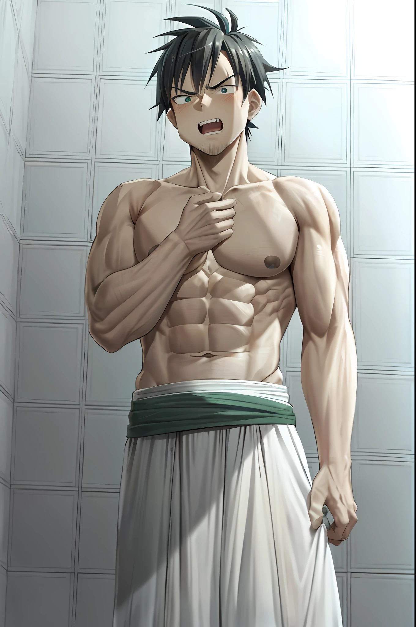 son goku, 1boy, angry, battle damage, blonde hair, blue sash, clenched teeth, furious, green eyes, male focus, muscular, muscular male, pectorals, sash, solo, spiked hair, super saiyan, super saiyan 1, teeth, topless male, torn clothes, wristband, ((masterpiece))