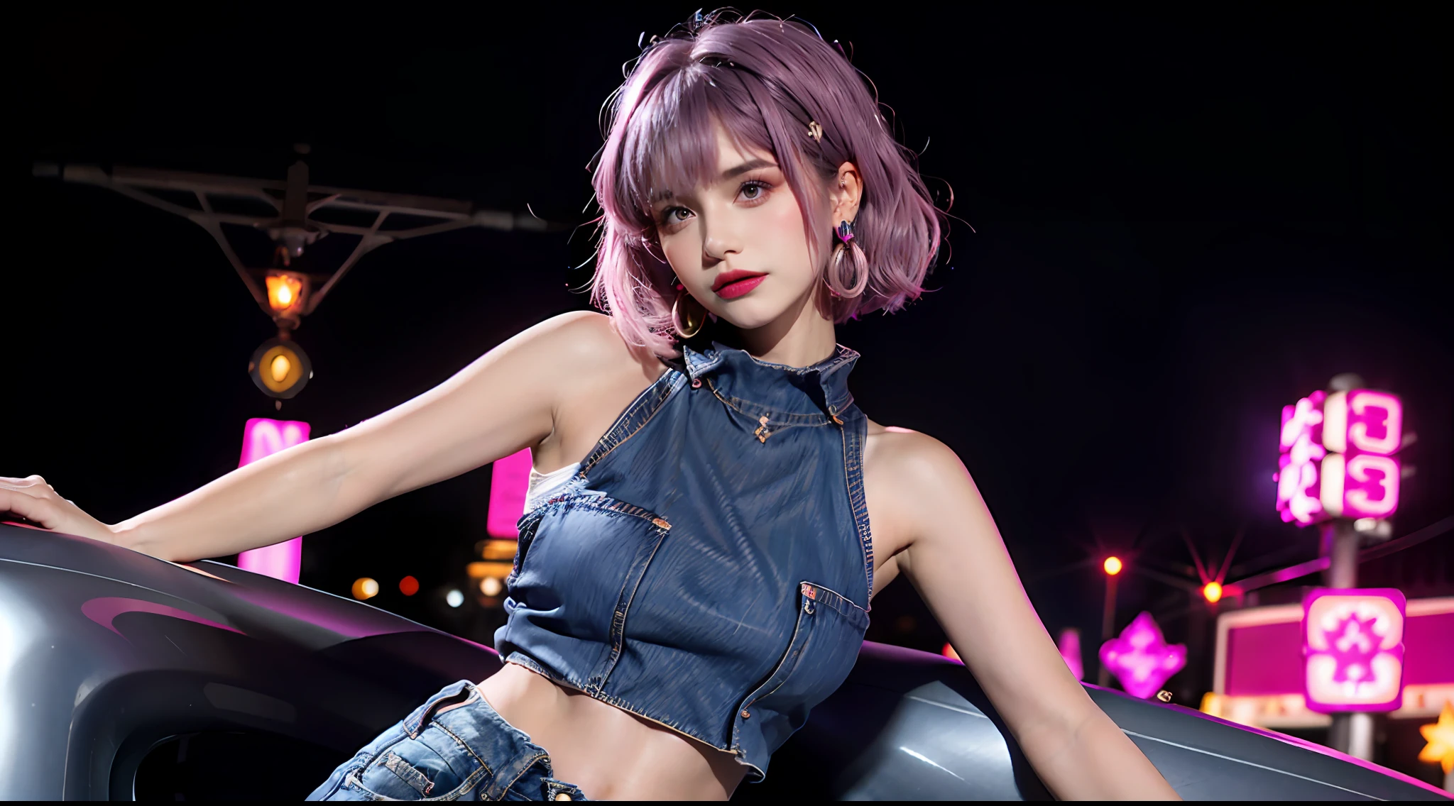 (style: "portrait"， background: "pink", pose: "seductive"), (expression: "flirty", makeup: "dark lip"), (accessory: "hoop earrings", clothing: "crop top", clothing: "high waisted jeans"), (hair: "pixie cut", color: "hot pink"), (setting: "city skyline", lighting: "neon"), (emotion: "confident", atmosphere: "sultry")