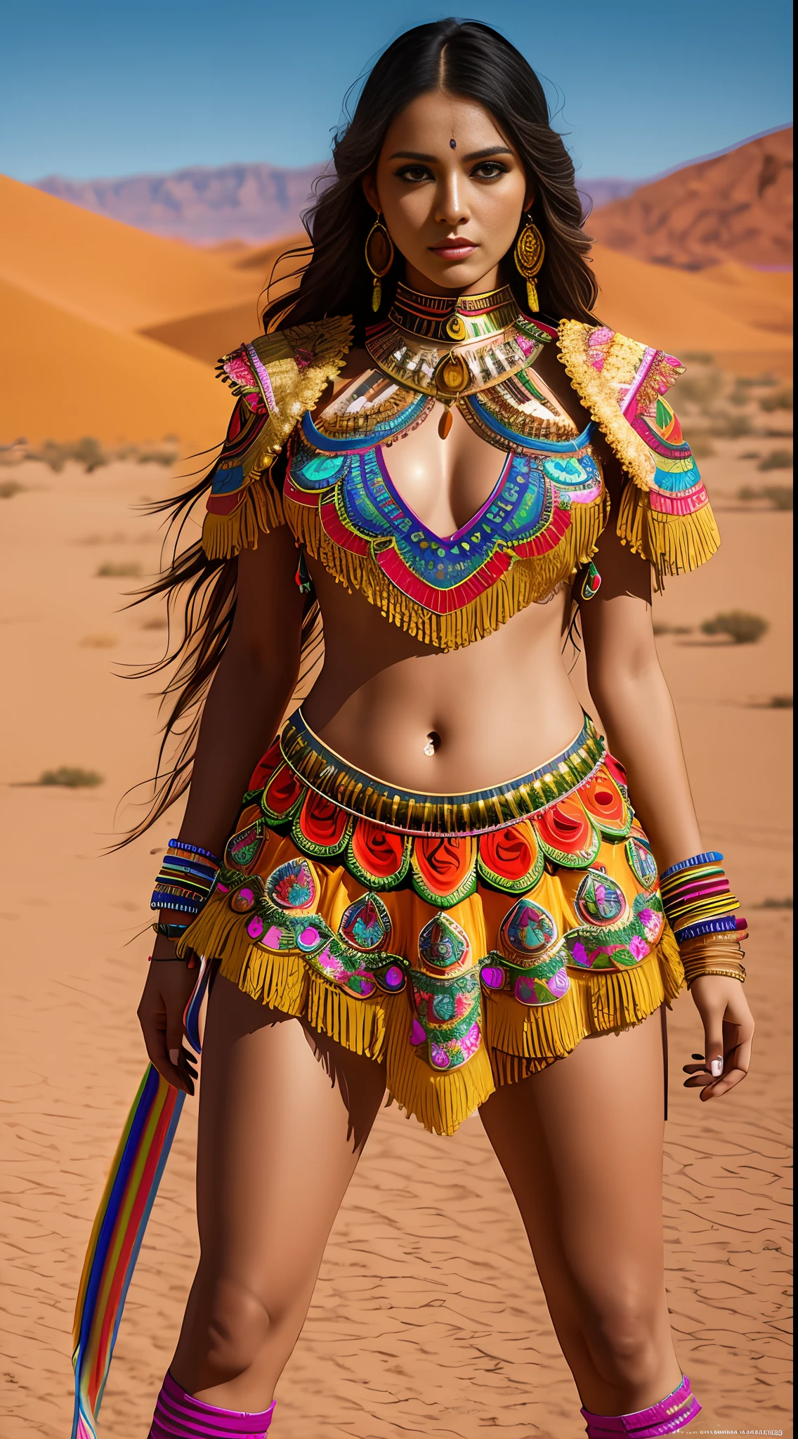 create Mariana Davalos in Full body photography of the most beautiful artwork in the world, a beautiful woman in intricate costume burning in the desert, rainbow colors, ArtStation, CGSociety, complex, high detail, clear focus, dramatic, realistic pictorial art trends Greg Rutkovsky8k,vibrant