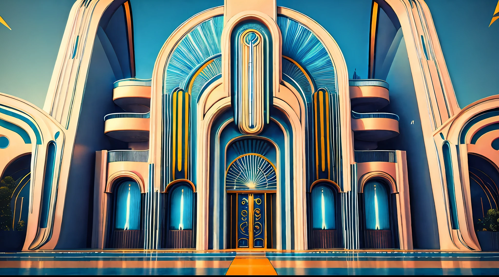 (Best quality),(masterpiece),(ultra detailed),(4k resolution),(extremely detailed) digital art deco retrofuturist building with futuristic elements,symmetrical,beautiful high quality