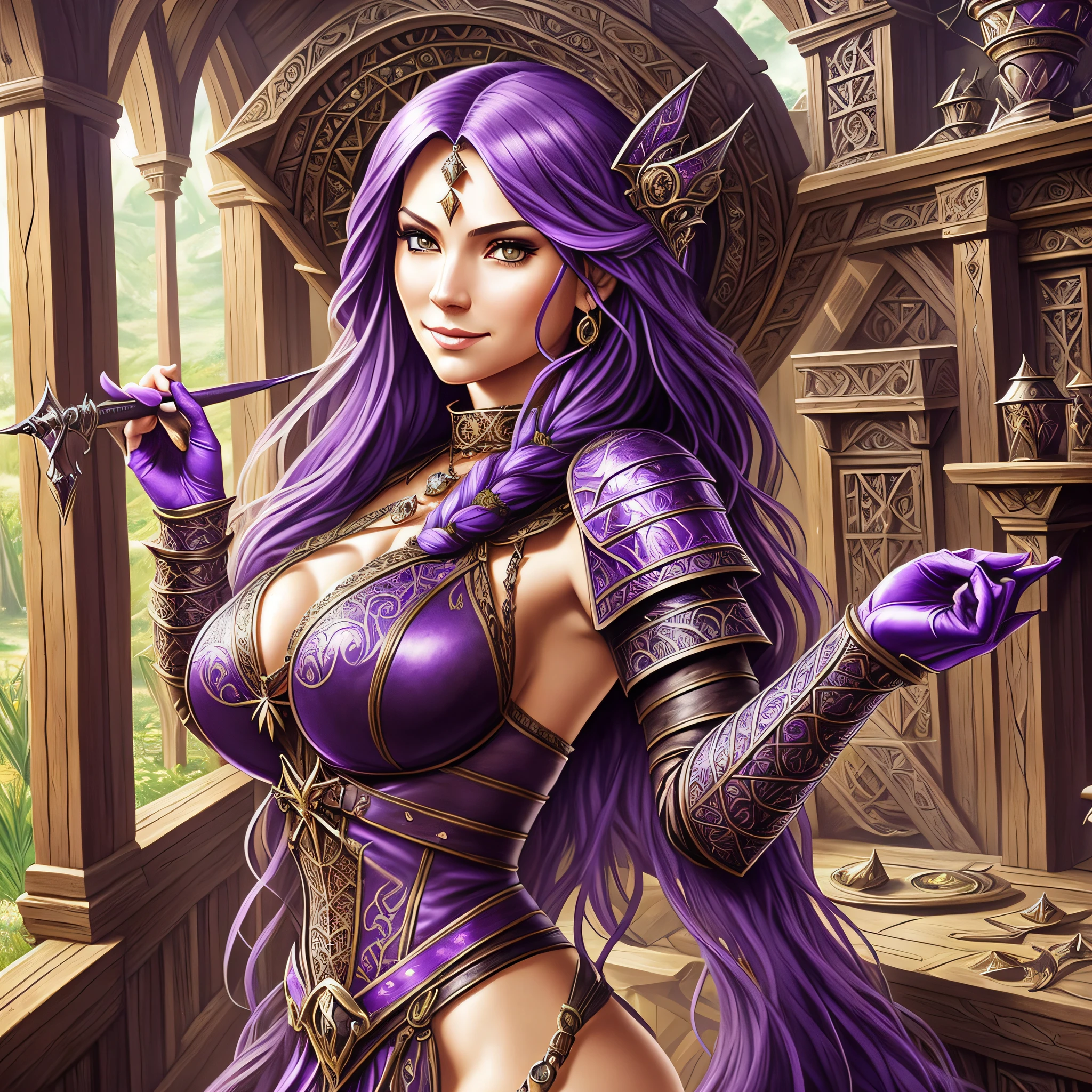 a female witch with a sexy body figure, enchanting a spell, medieval theme, ((MILF)), seducing smile, seducing looking, (((masterpiece))), ((best quality)), ((intricate detailed)), ((Hyperrealistic)), a sexy woman with witch attributes cloths, (huge breast), bracers, pauldrons, perspective, highly detailed, illustration, 1 girl, perfect hands, detailed fingers, beautiful detailed eyes, long hair, purple hair (fantasy:1.2), armor, detailed background, at witch hut, fierce look, looking at the viewer, from the front, --auto --s2