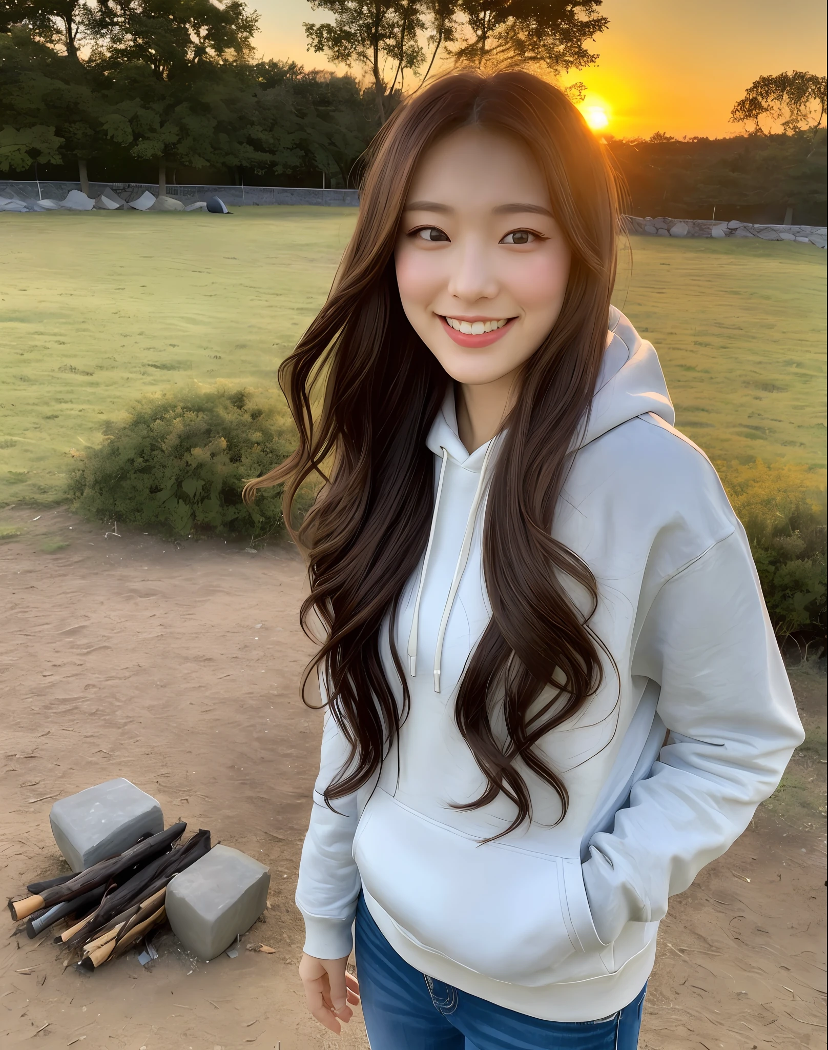 ((top quality, 8k, masterpiece: 1.3)), solo, Japan woman (24 years old, singing, happy smile, very detailed face and skin and hair texture, detailed eyes, double eyelids, white skin, beautiful delicate nose, brown hair, medium hair), overhead camera, sharp focus: 1.2, the subject's hair, eyes, mouth, while emphasizing the action, is pleasing to the eye, suggestive composition. ⠀
ground, outdoor, sunset, mountain, nature, backpack, bag, sleeping, bonfire, tent, pink mountain hoodie, mountain boots, lantern, rock, forest, stone, river, bonfire, wood, firewood, smoke, shadow, contrast, clear sky, style, (warm shade, warm tone)