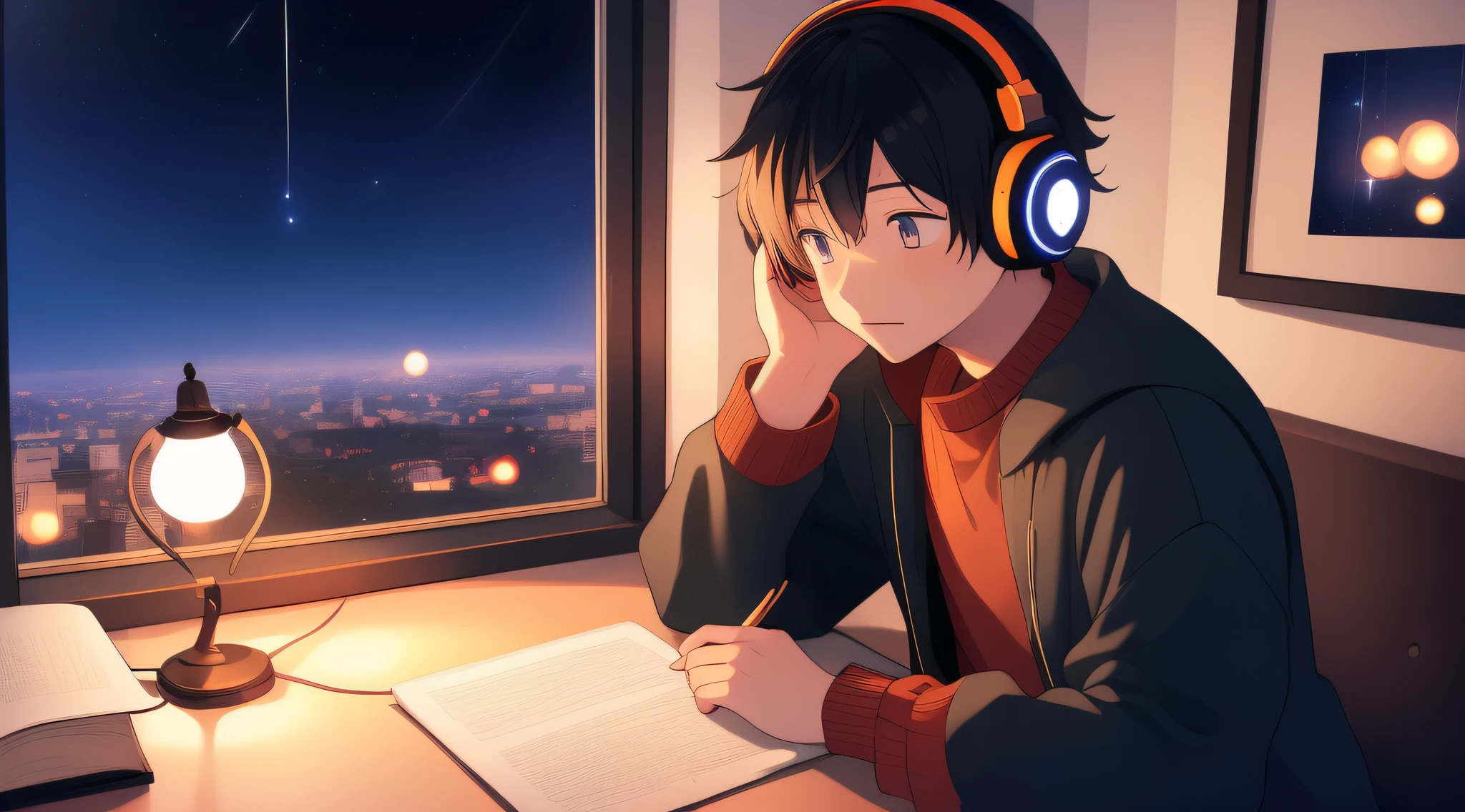 Male anime character sitting with headphones, lofi artstyle, digital anime illustration, detailed 2d illustration, lofi art, 2d illustration, 2d illustration, illustrative animation style, background window, night with lamp, night, stars in window, distant image of character, ultra detailed, (looking up), (looking up), (studying), no pencil.