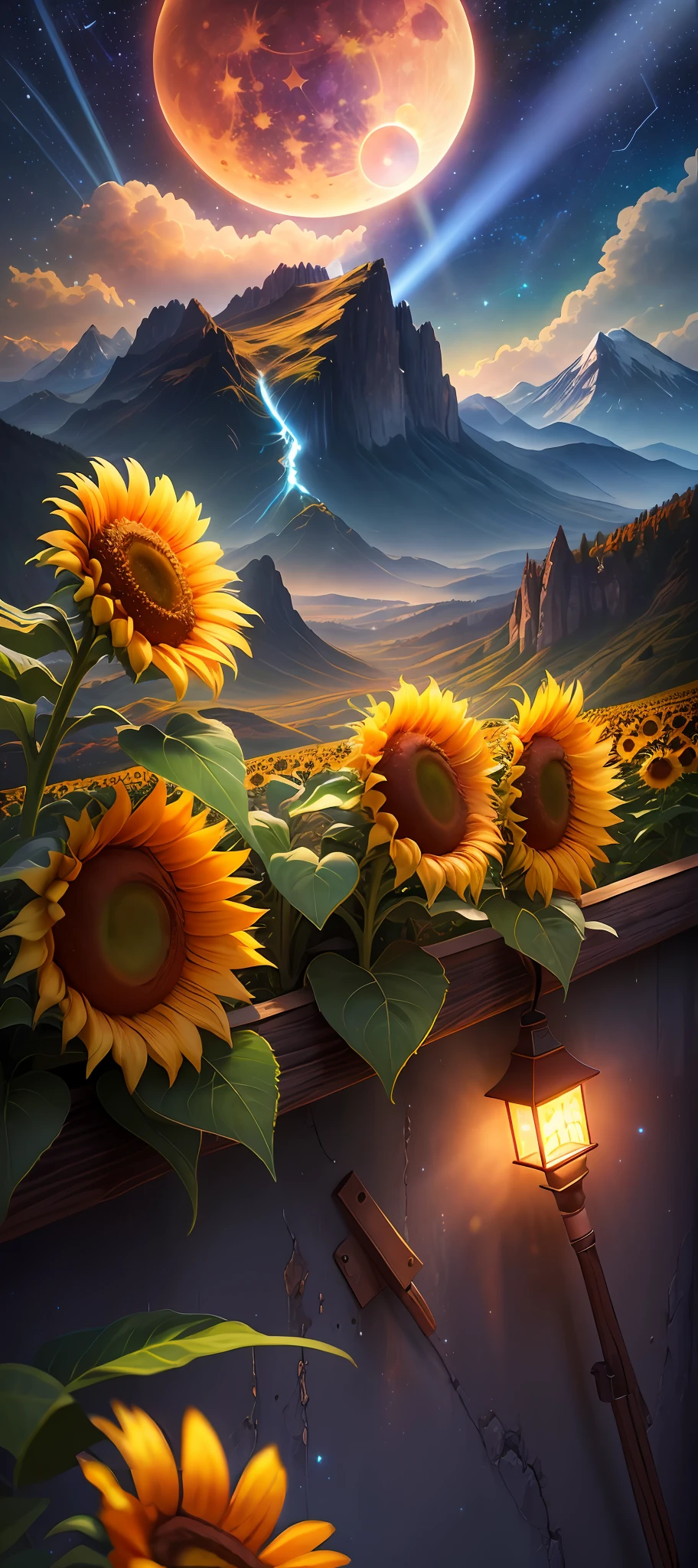 Masterpiece, 8k wallpapers, extremely detailed, best quality, high quality, landscapes. ((Colored sky)), clouds, (((Full moon, nebula and background stars))), (mountains), panorama, , Detail enhancement, Detail enhancement, sunflower, sunflowers, Flawless. Award-winning photography, Depth of field, HDR, Photorealism, Highly detailed, Intricate, High detail, Dramatic, ((color image)), ((single image)), night, realistic, (((vivid colors)), blue, red, yellow, orange, green, ((light rays, rays)),