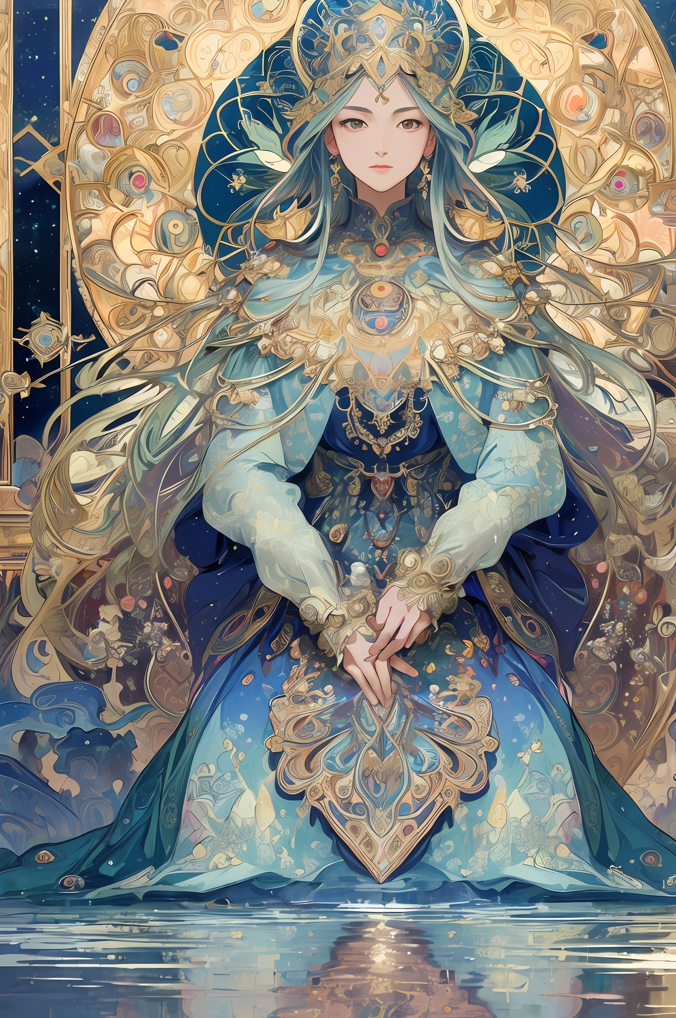 (((highest image quality, best quality, masterpiece, transcendent beauty))), most detailed skin, realistic, complex background, cinematic, full body, puddle, majestic mountains, magician, blue world, sitting sideways, over-technology, world of machines and magic, mandala, Alphonse Mucha, Bauhaus