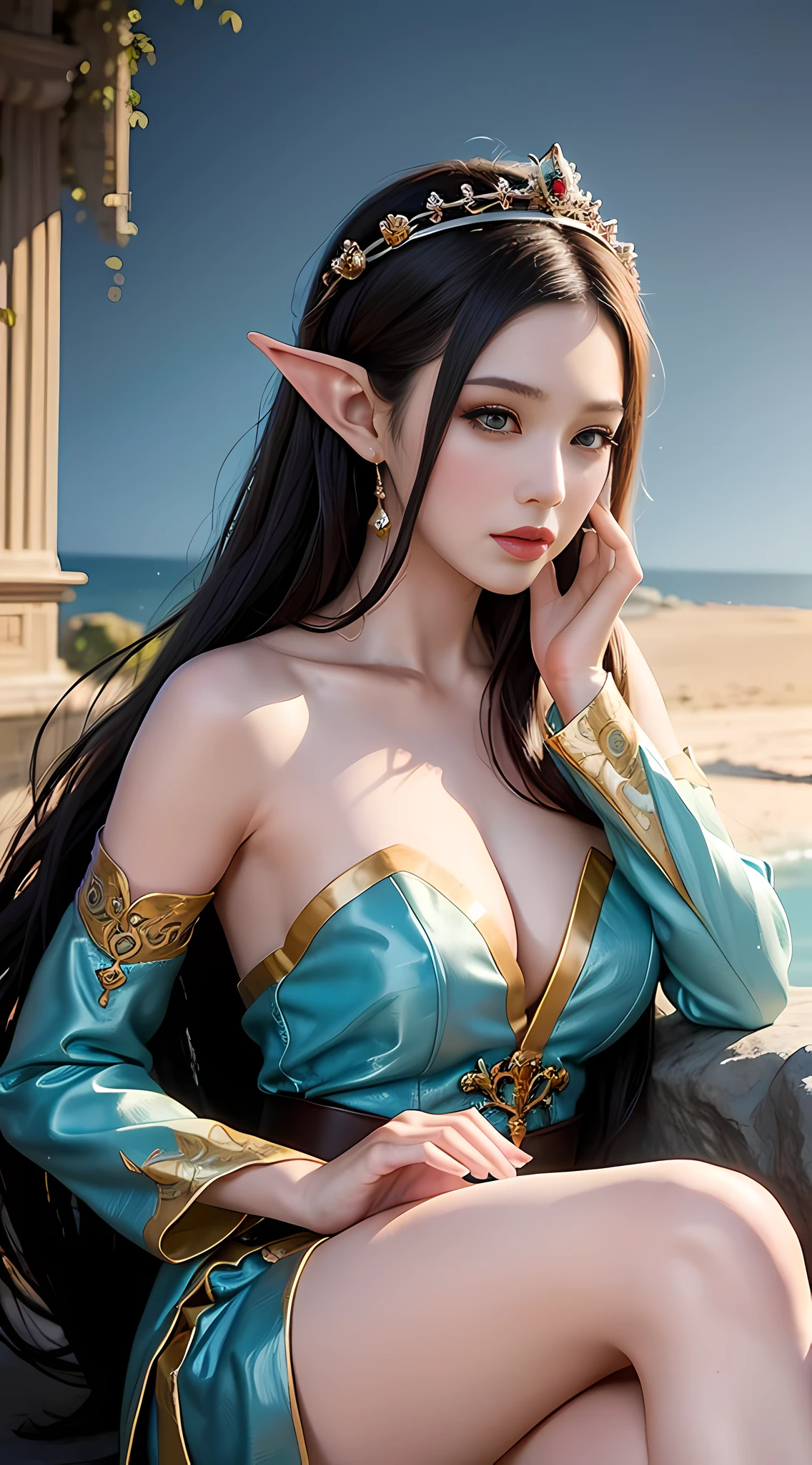 painting of a woman sitting on a rock with a statue behind her, ((a beautiful fantasy empress)), a beautiful fantasy empress, beautiful fantasy art, beautiful fantasy maiden, by Yang J, a stunning young ethereal figure, digital fantasy art ), art of wlop, very beautiful fantasy art, beautiful and elegant elf queen, by Fan Qi, wlop art