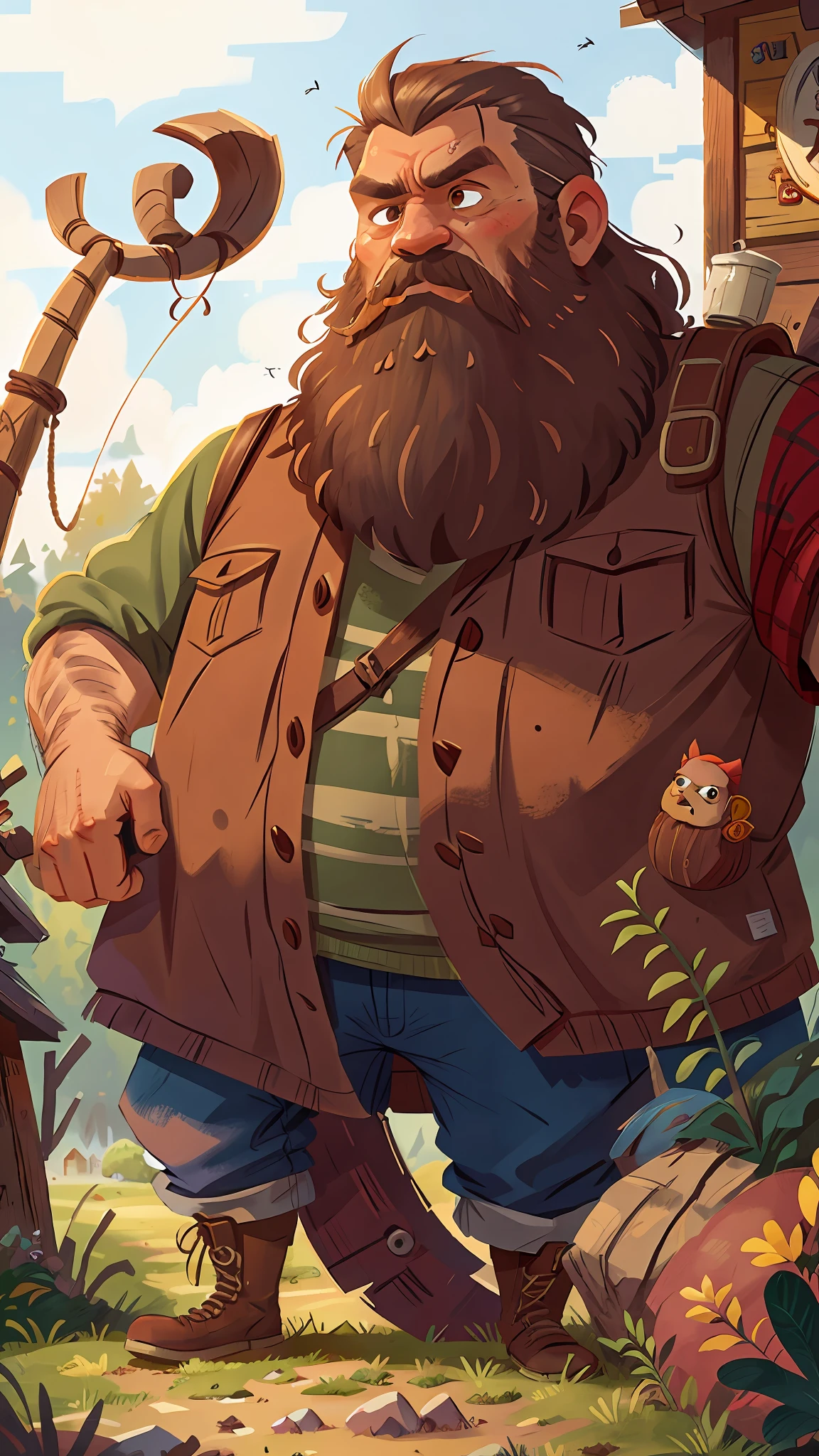 Strong grumpy bearded old man holding an old axe, with beard and brown hair, with muddy boot, in a wooden hut with chimney in the background, grumpy, grumpy, perfect quality, clear focus (clutter - house: 0.8), (masterpiece: 1.2) (realistic: 1.2) (bokeh) (best quality) (detailed skin: 1.3) (intricate details) (8K) (detail eyes) (sharp focus), (brave)
