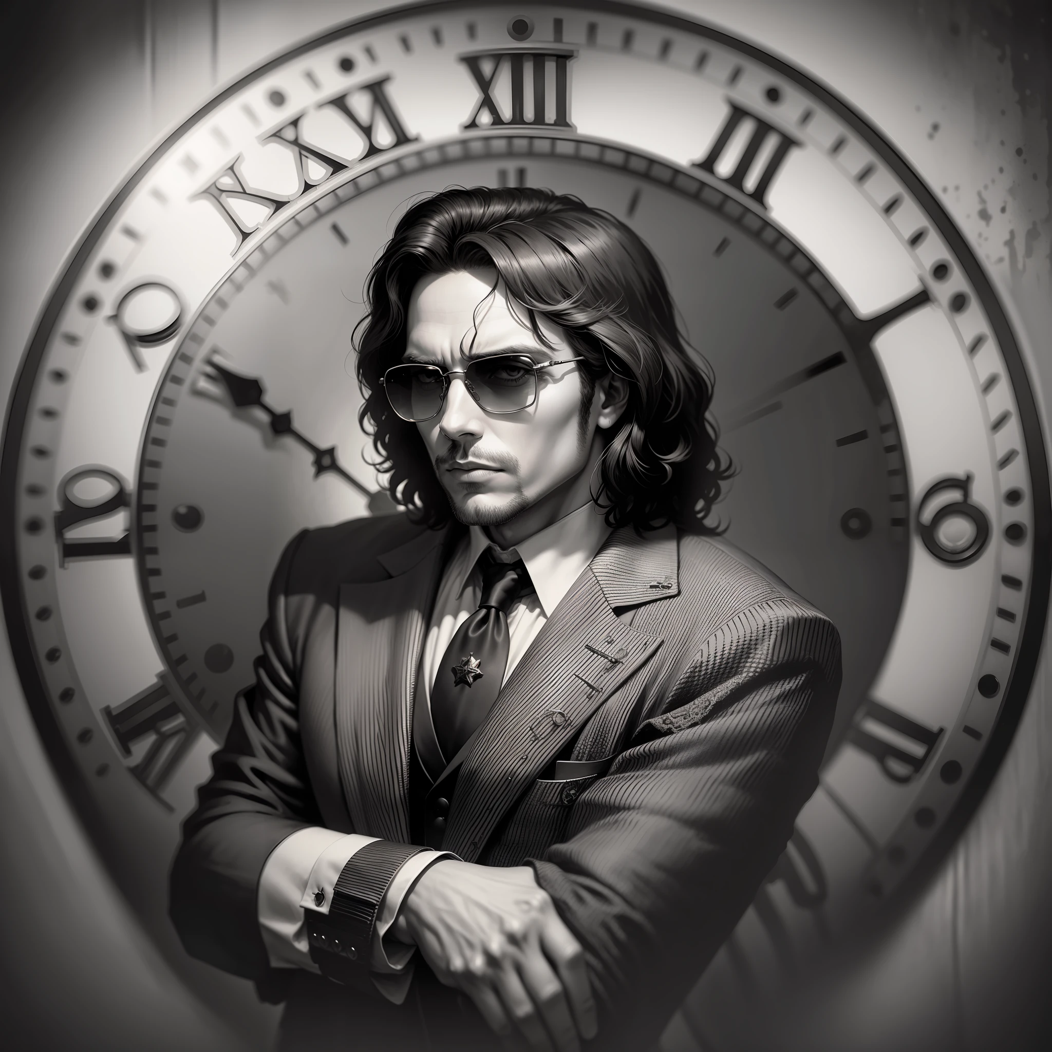 A jim morrison-style man, wearing sunglasses, looking at an antique clock, gothic, shabby, melancholy, noir style, art deco, soviet art, grayscale