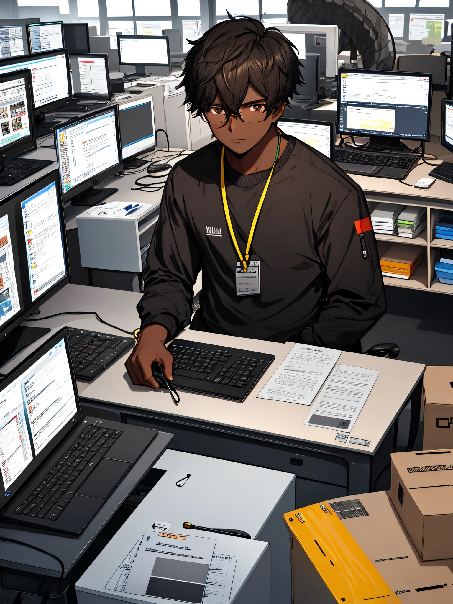 A 25-year-old boy, desk, computer, code, with dark skin color, American haircut, brown with icons of programming languages JavaScript, Typescrip, Node,js, Python, React and AI