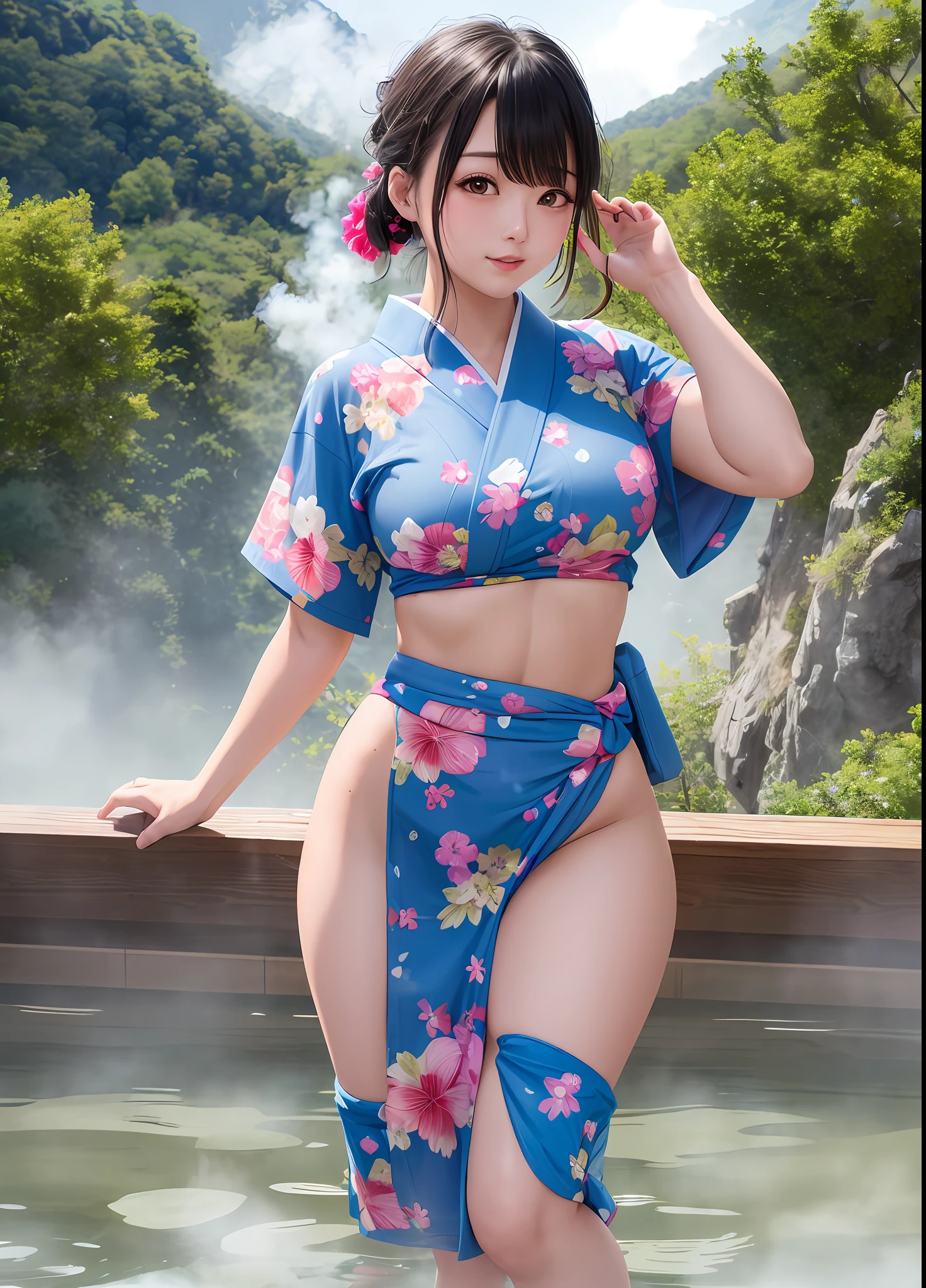 ((highest quality)), ((masterpiece)), wonderful highlights of the upper body, romantic scenery of the steaming onsen town, moist wet and slightly thick thighs, colorful hair, fluffy yukata, beautiful buttocks sticking out, burning in embarrassing poses