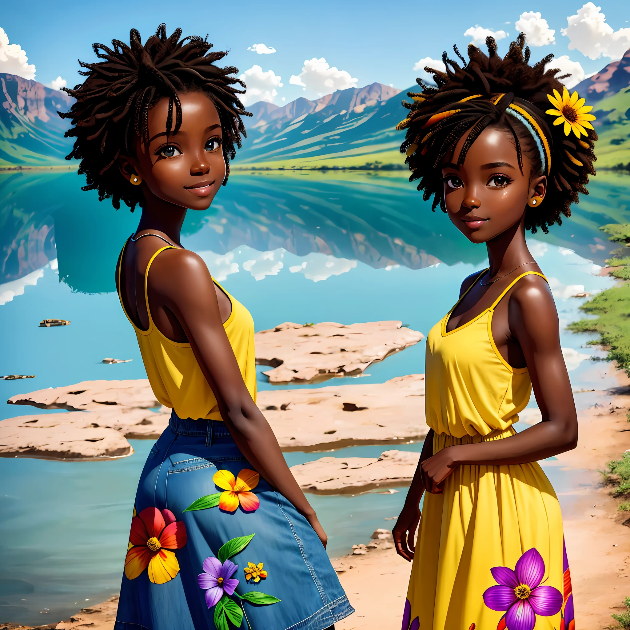 sticker african countryside with a flower, animals, lake, clean photo, messy hair in the wind, dressed in jeans and t-shirt, walking, full body, breathtaking rendering, (tan skin), colorful long dress, detailed facial features, symmetrical face, leaves in the wind, in front of a lake, gentle smile, drawing realistic animated, (big sweet eyes), angelic purity, artist used bright, like a pixar character, exceptionally unique beauty, dark skin tone, hi mark --ar 2:3