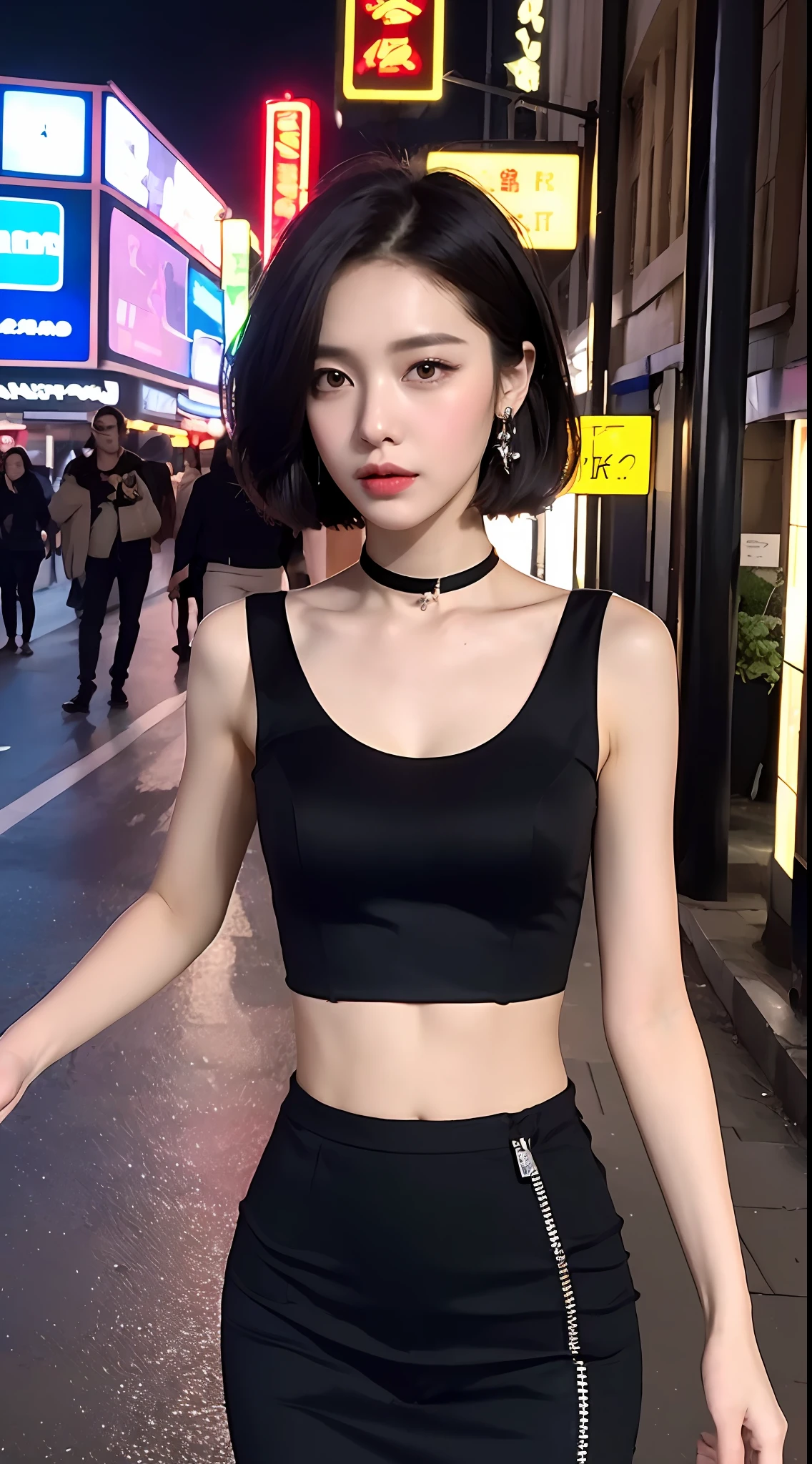 ((Best Quality, 8K, Masterpiece: 1.3)), 1girl, Slim Abs Beauty:1.3, (Short hairstyle, ), Black Wedding Dress, Black Wedding Dress: 1.1, Super Fine Face, Detailed Eyes, Double Eyelids, Neon-shimmering Street Entrance at Night,