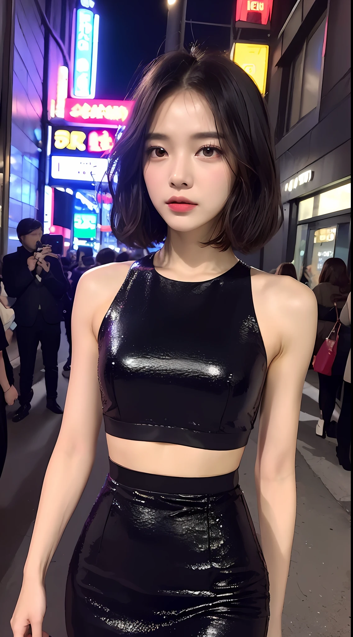((Best Quality, 8K, Masterpiece: 1.3)), 1girl, Slim Abs Beauty:1.3, (Short hairstyle, ), Black Wedding Dress, Black Wedding Dress: 1.1, Super Fine Face, Detailed Eyes, Double Eyelids, Neon-shimmering Street Entrance at Night,