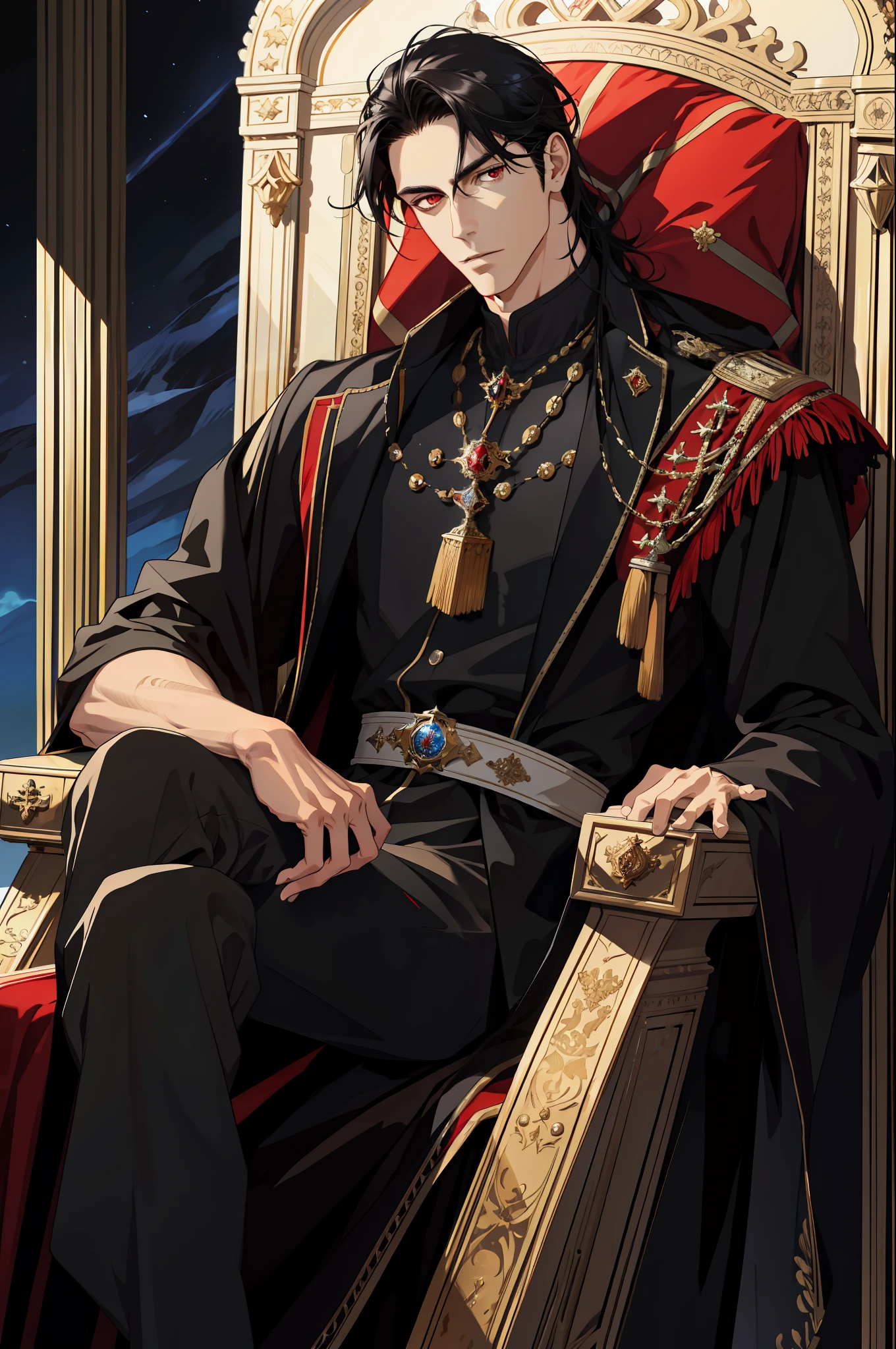 (absurdres, highres, ultra detailed), 1 male, adult, handsome, tall muscular guy, broad shoulders, finely detailed eyes and detailed face, long black hair, red eyes, handsome, fantasy, royal, Fantastic light and shadow, Scenery, magic, magnificent background, throne