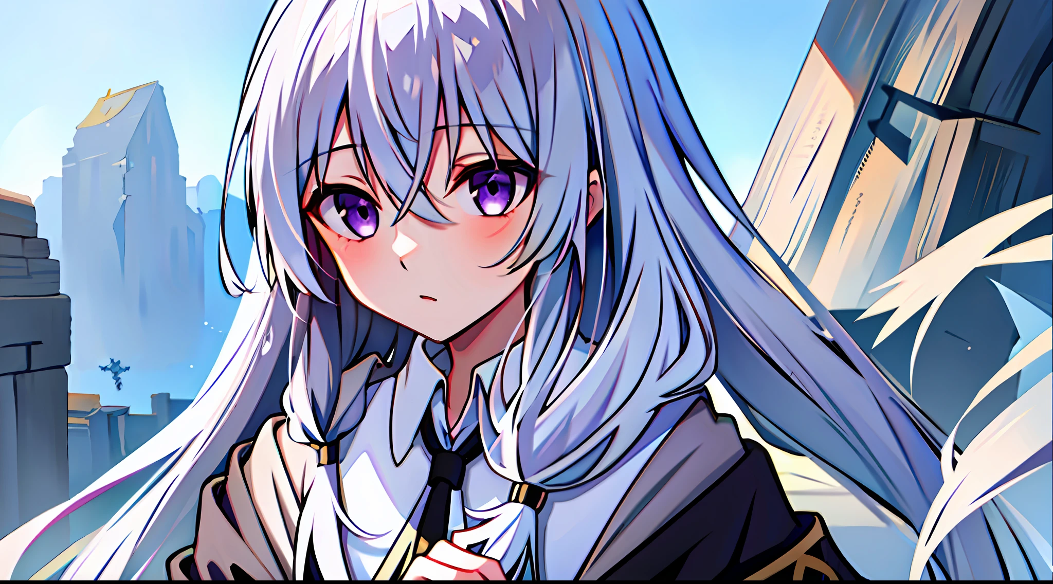 masterpiece, best quality, 1girl, elaina_(majo_no_tabitabi), silver hair, purple eyes, long hair,