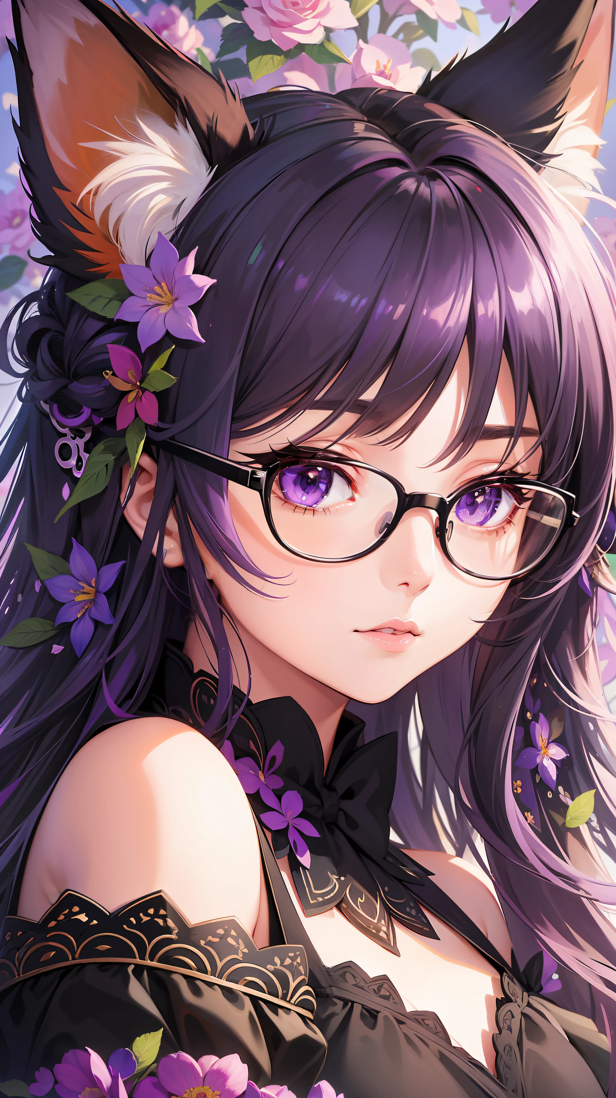 High Quality, High Resolution, Girl, Fox Ears, Black-rimmed Glasses, 2D Illustration, Petals, Beautiful Detailed Flowers, Intricately Braided Hair, Gradated Purple Hair, (Maximalism: 1.5) Flowers Background, Light Reflection, Light, (Upper Body: 1.3)