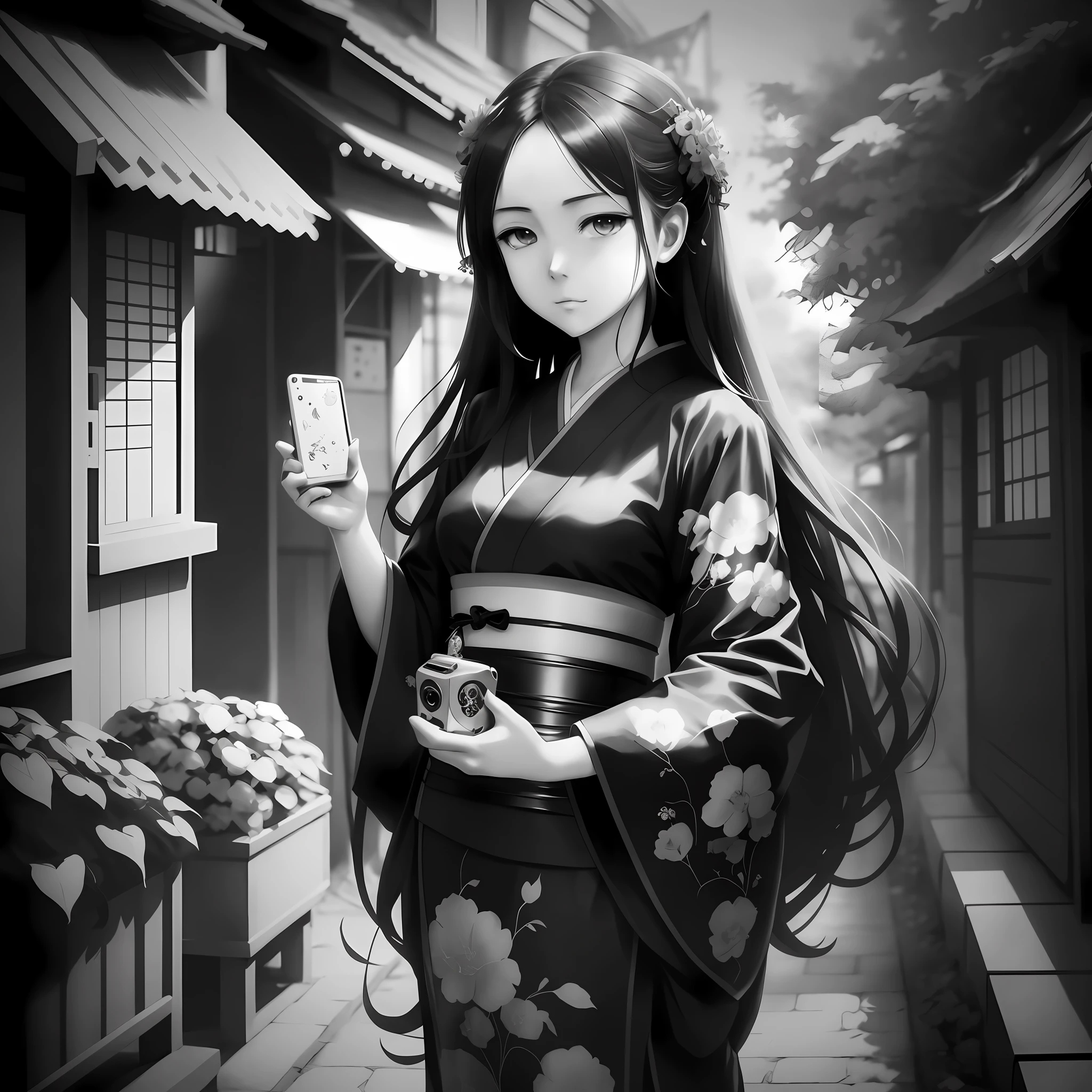 anime girl in kimono outfit holding a cell phone in her hand, artwork in the style of guweiz, anime styled digital art, guweiz on artstation pixiv, black and white manga style, guweiz on pixiv artstation, anime style illustration, digital anime illustration, anime style digital art, anime realism style, beautiful anime style