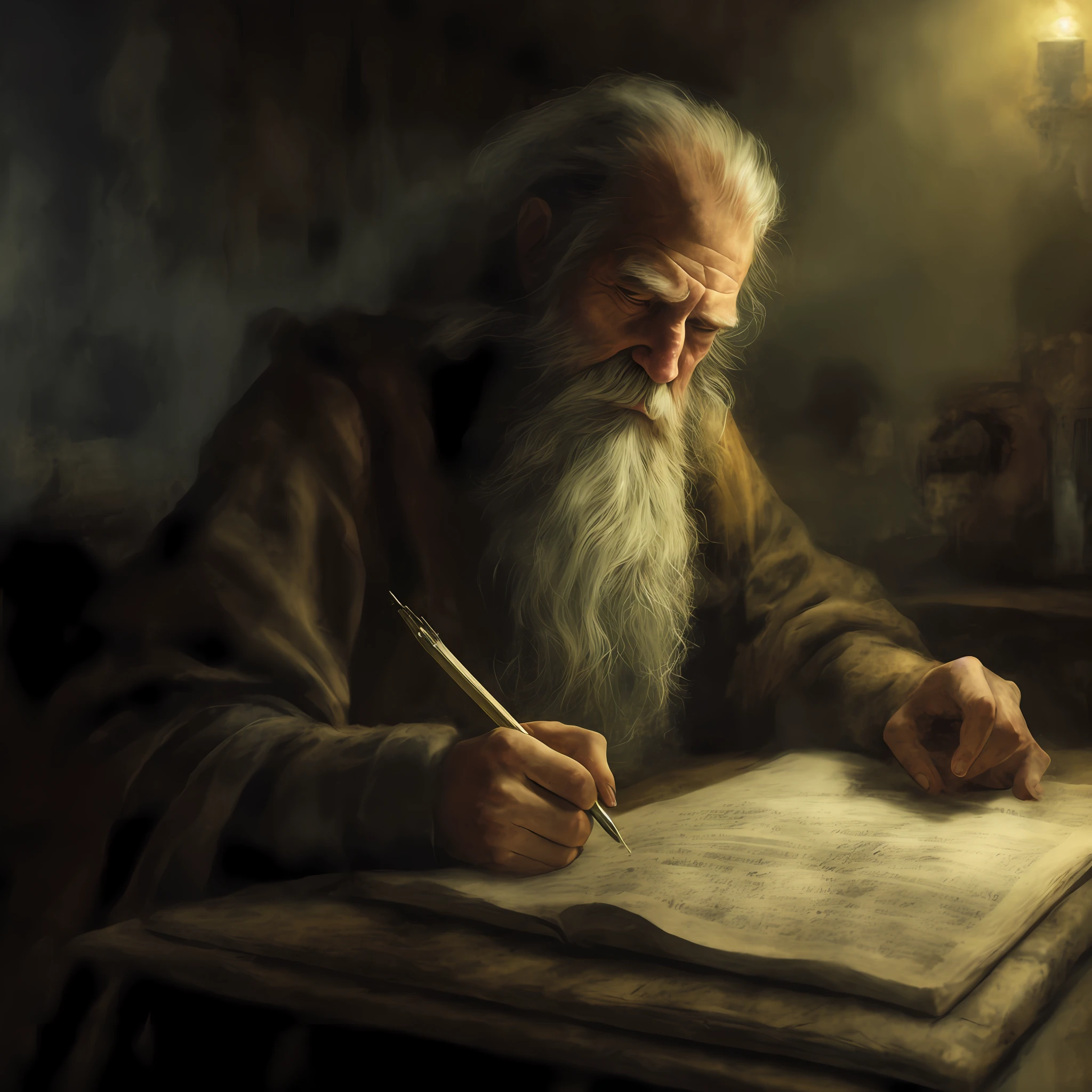 man with long white beard writing in a book, by Daniel Ljunggren, biblical illustration, by Edwin Georgi, by Artur Tarnowski, biblical painting, jeremiah, by Scott Gustafson, by Pablo Munoz Gomez, by Emile Lahner, biblical image, by Aleksander Gierymski