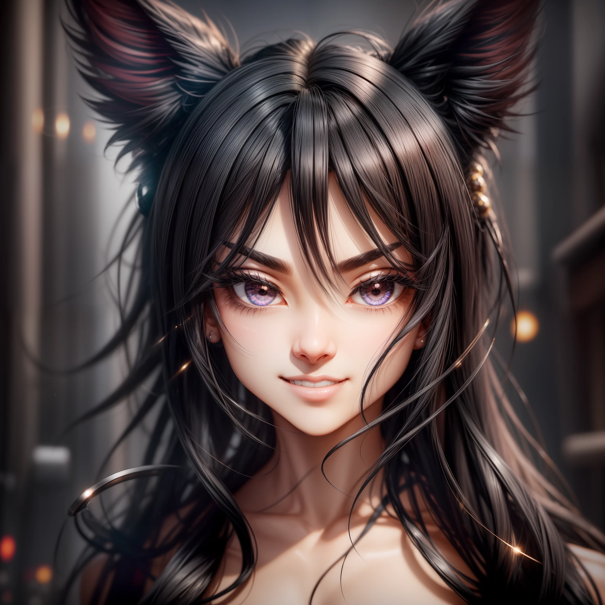 black hair, hair bobbles, wince, longeyelashes, solid circle eyes, fake animal ears, light smile, ear blush, fang, Surrealism, drop shadow, anaglyph, stereogram, tachi-e, pov, atmospheric perspective, 8k, super detail, ccurate, best quality, UHD, textured skin, anatomically correct, best quality, highres --auto --s2