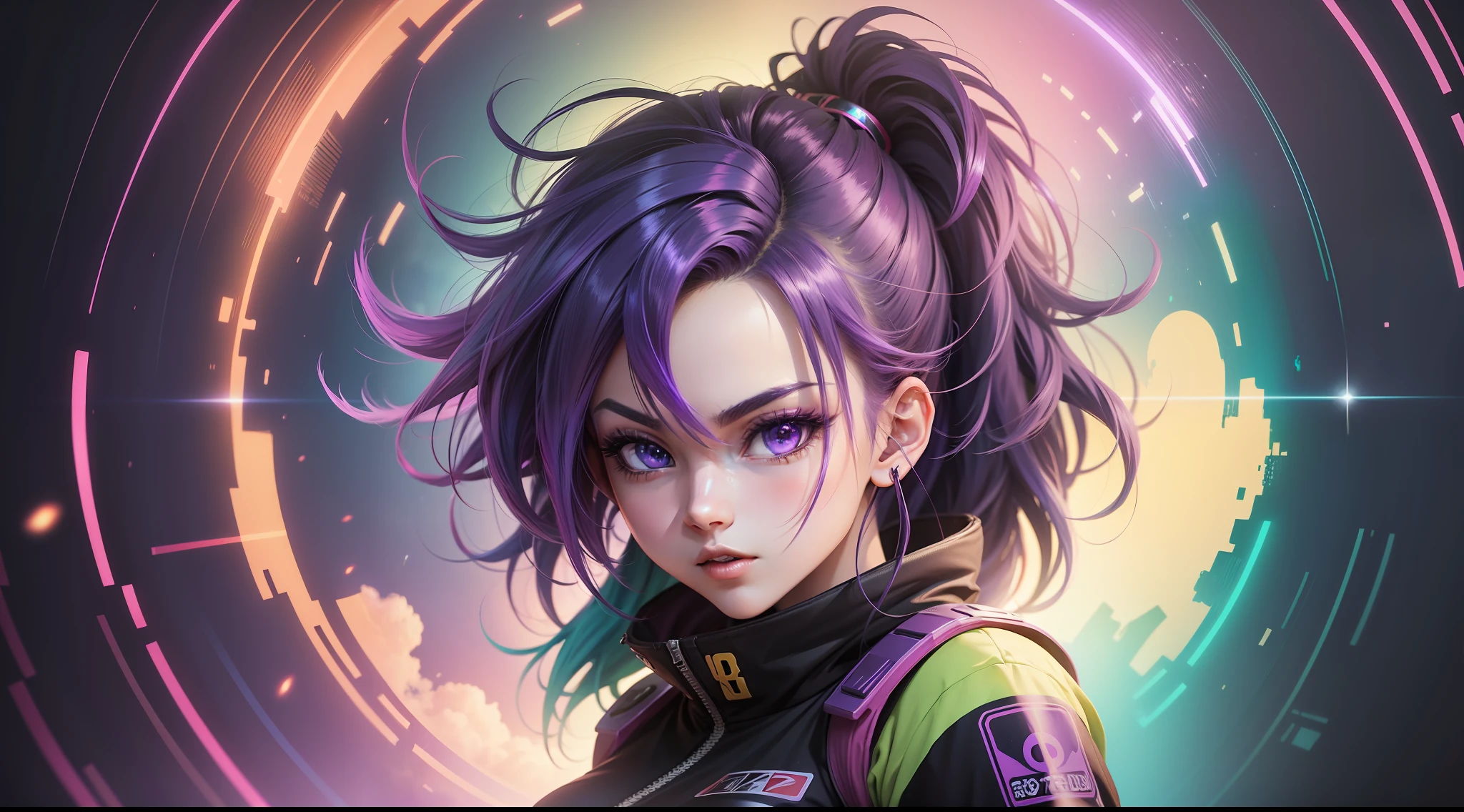 Anime RGB for background on YouTube very beautiful, ultra modern rendering, full RGB, purple hair, Bulma style of Dragon Ball Z.