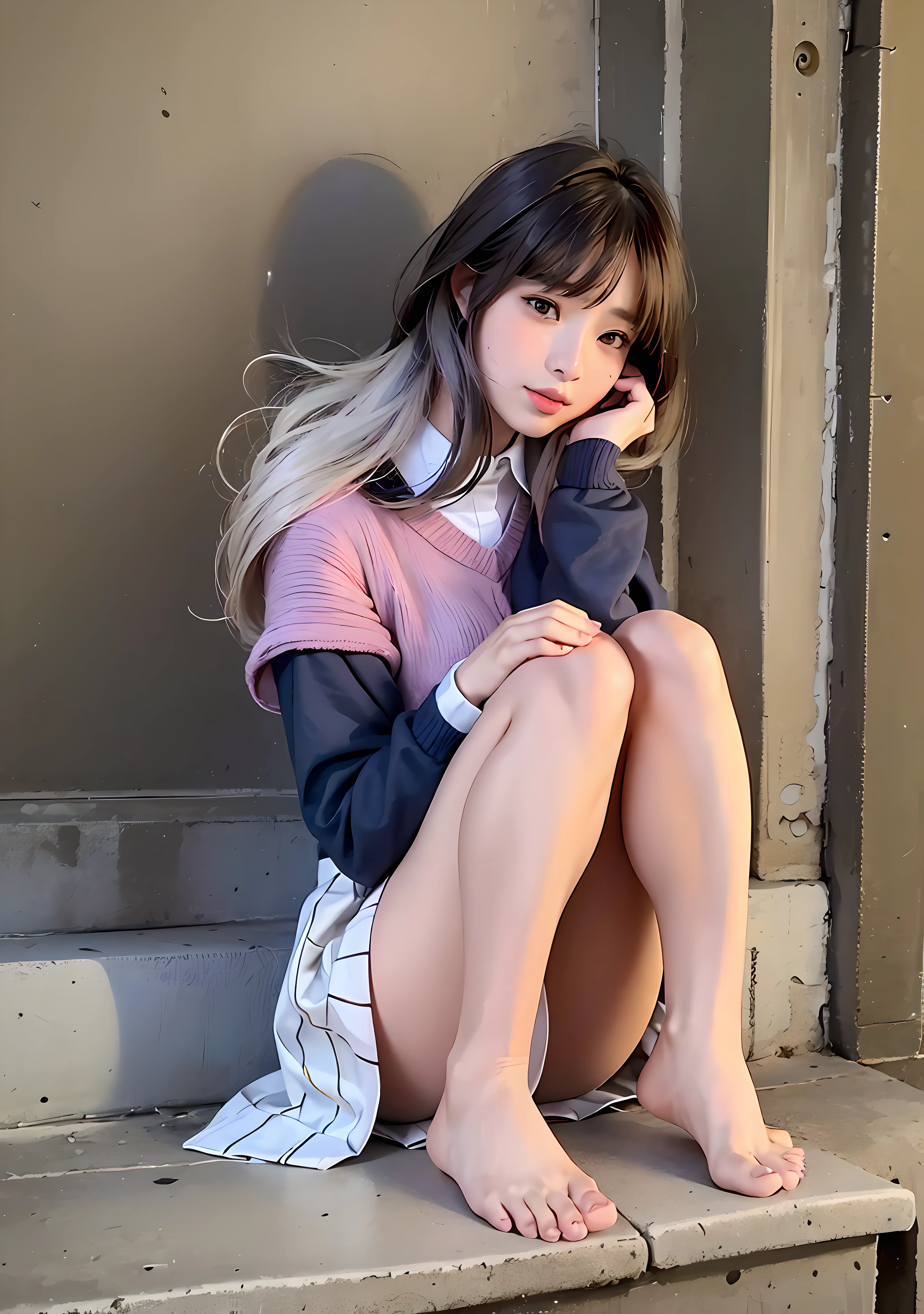 1girl, gtscity, (foot, toes, soles:1.4), barefoot school uniform, sitting, hands on knees, bare legs