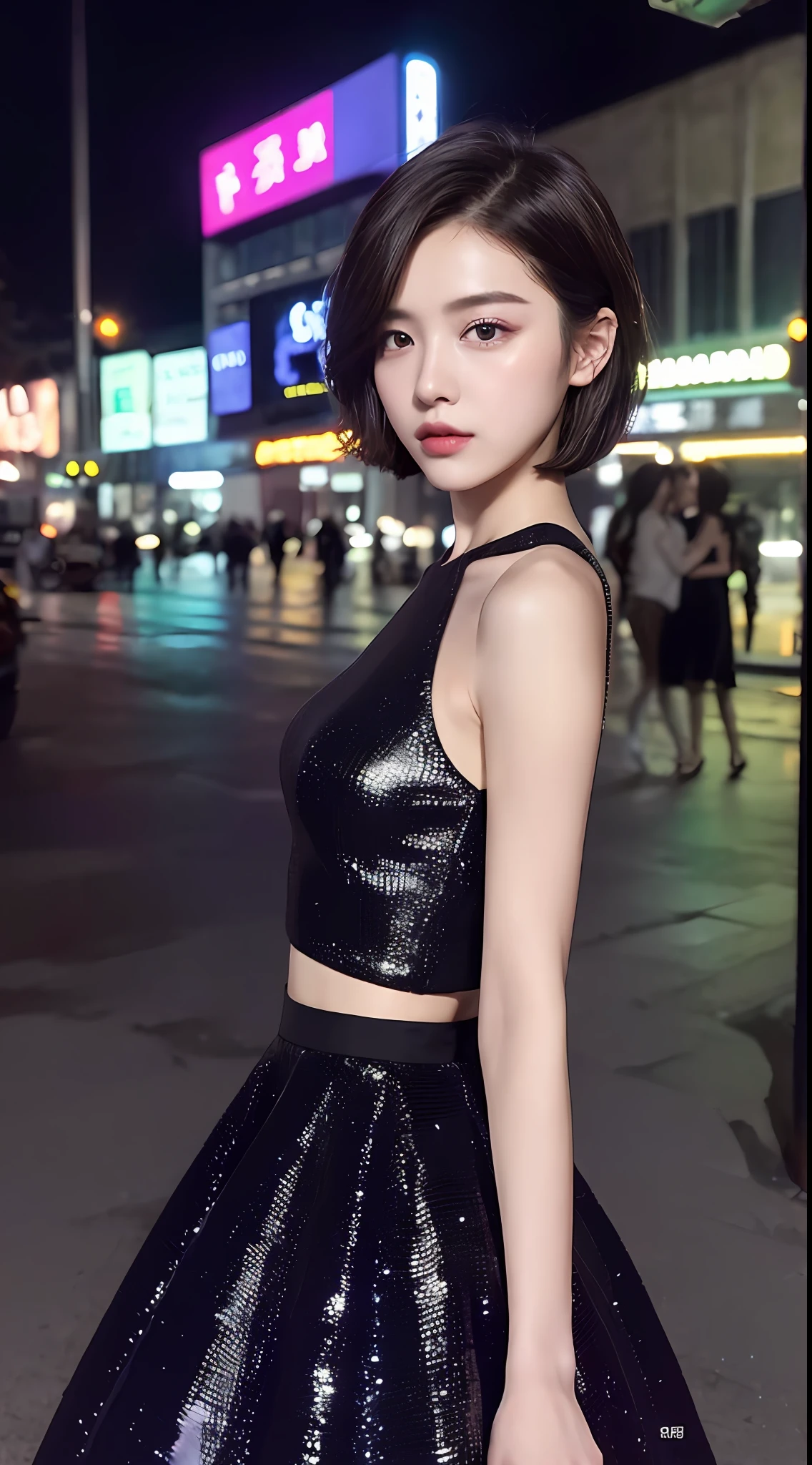 ((Best Quality, 8K, Masterpiece: 1.3)), 1girl, Slim Abs Beauty:1.3, (Short hairstyle, ), Black Wedding Dress, Black Wedding Dress: 1.1, Super Fine Face, Detailed Eyes, Double Eyelids, Neon-shimmering Street Entrance at Night,