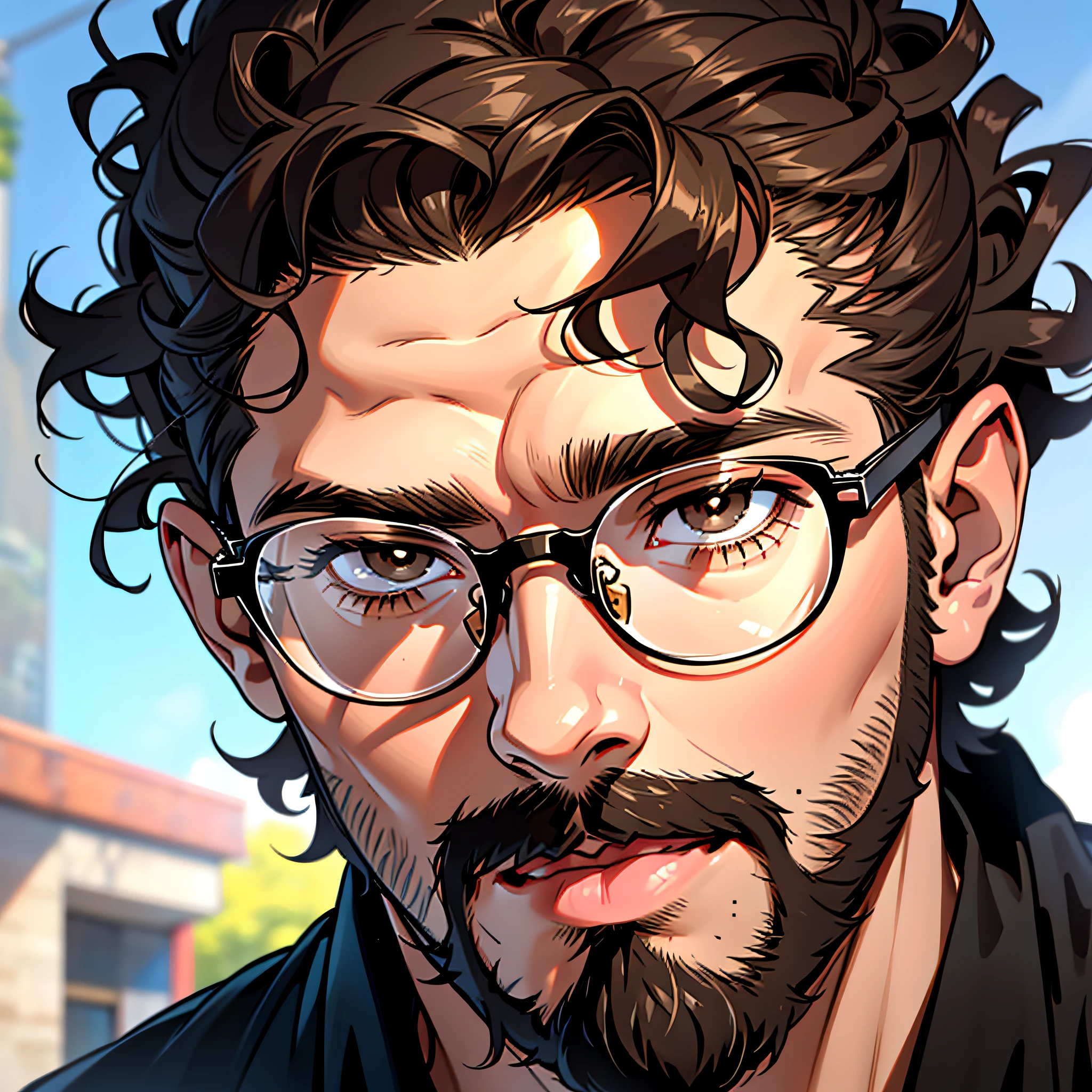 (male, 30 years old, scruffy beard) ,(thin beard),maculino, ((light brunette)), (round face) ,(black hair), short curly hair,dark brown eyes, glasses, fleshy lips, (afro-descendant), Latin American