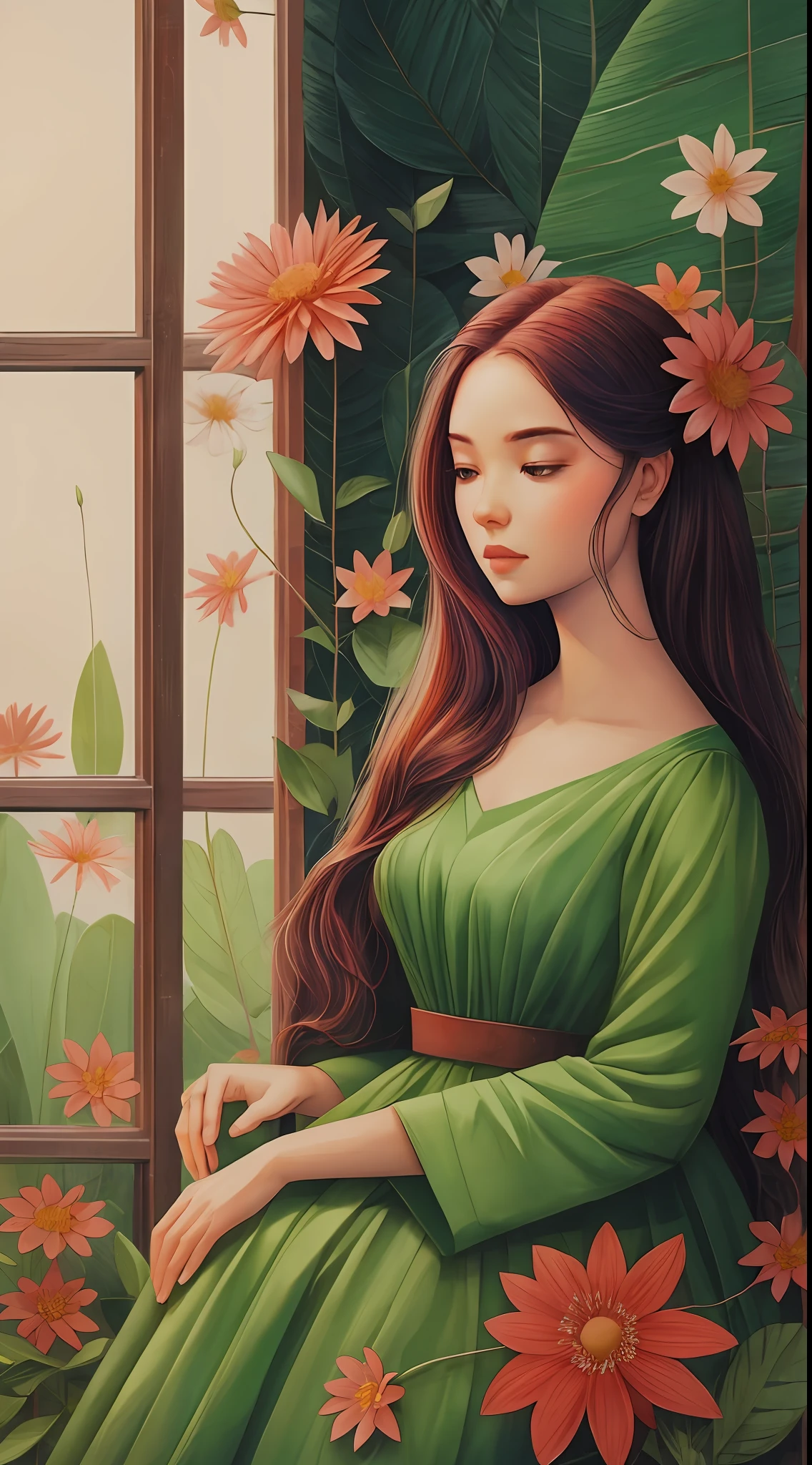 1girl,flowers,leaves,art by john van fleet