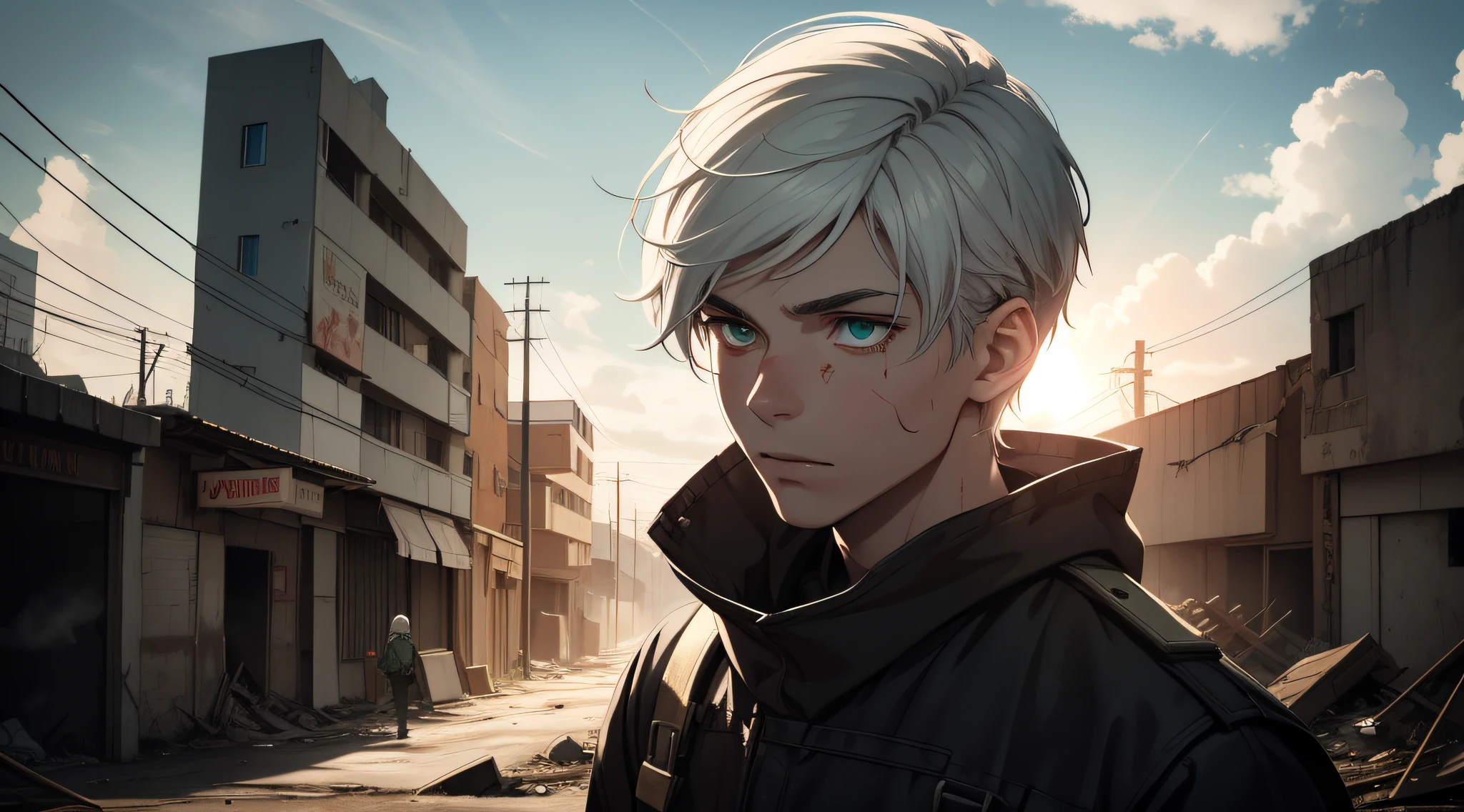 Finn was an orphan and wandered the devastated streets in search of food and shelter. His lean, dirty body bore the marks of the harsh reality he faced every day. white hair, green eyes, glowing skin. The scorching sun that pierced through the toxic clouds chastised his skin and his tired gaze reflected a life of deprivation.