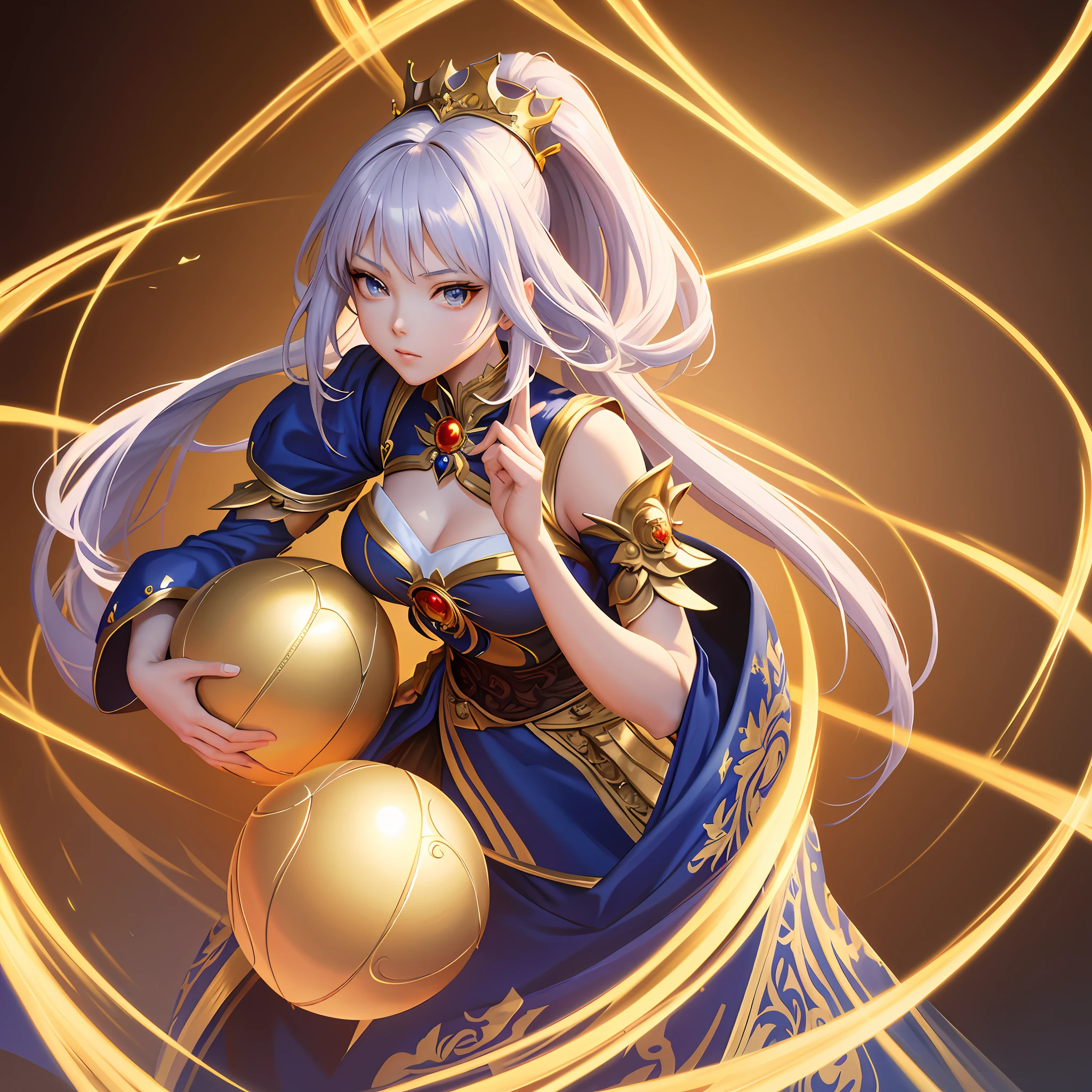 a painting of a woman in a costume holding a ball, a beautiful fantasy empress, extremely detailed artgerm, 8k high quality detailed art, anime goddess, by Yang J, ((a beautiful fantasy empress)), beautiful character painting, style of artgerm, 2. 5 d cgi anime fantasy artwork, artgerm. anime illustration
