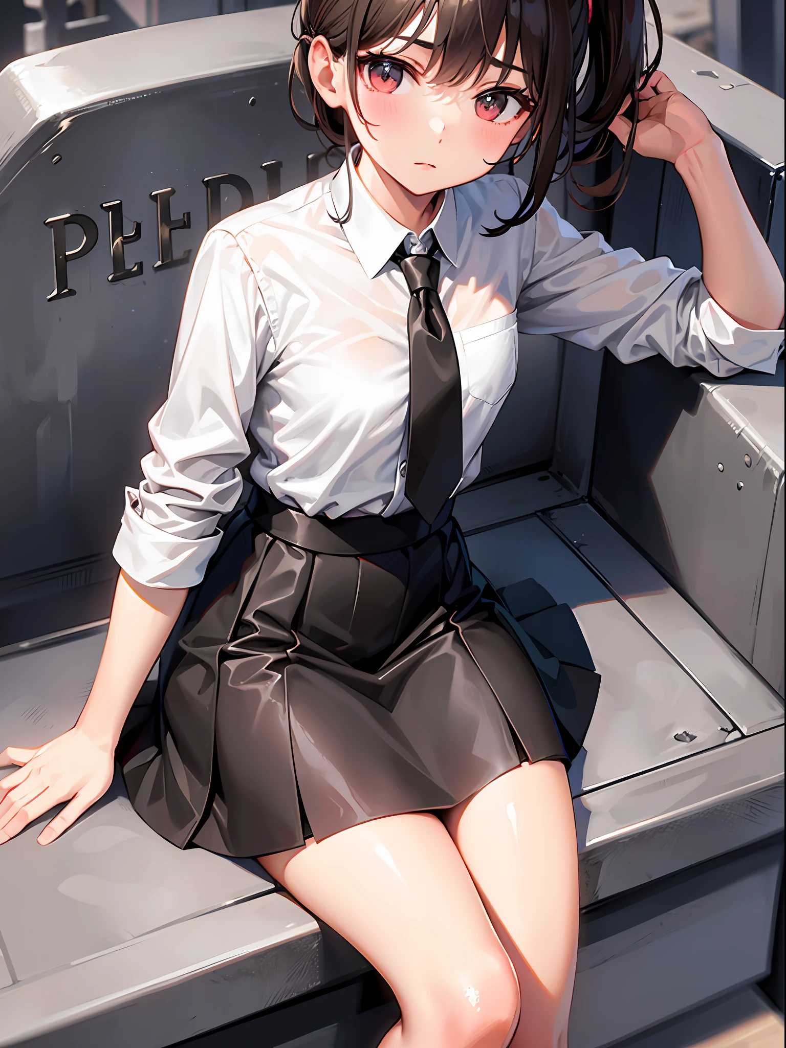 brown hair left side pony, white shirt black short tie, gray skirt, black socks, red shoes, loli, medium chest, cemetery
