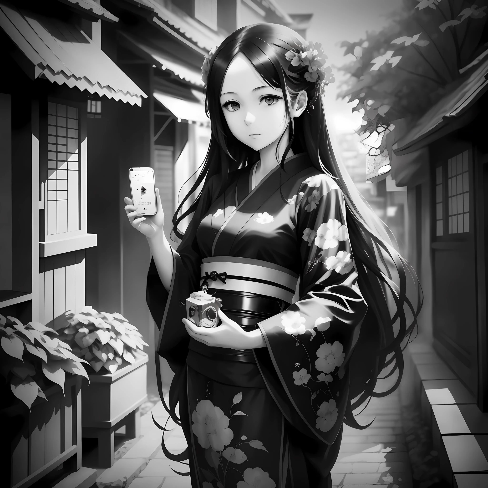 anime girl in kimono outfit holding a cell phone in her hand, artwork in the style of guweiz, anime styled digital art, guweiz on artstation pixiv, black and white manga style, guweiz on pixiv artstation, anime style illustration, digital anime illustration, anime style digital art, anime realism style, beautiful anime style
