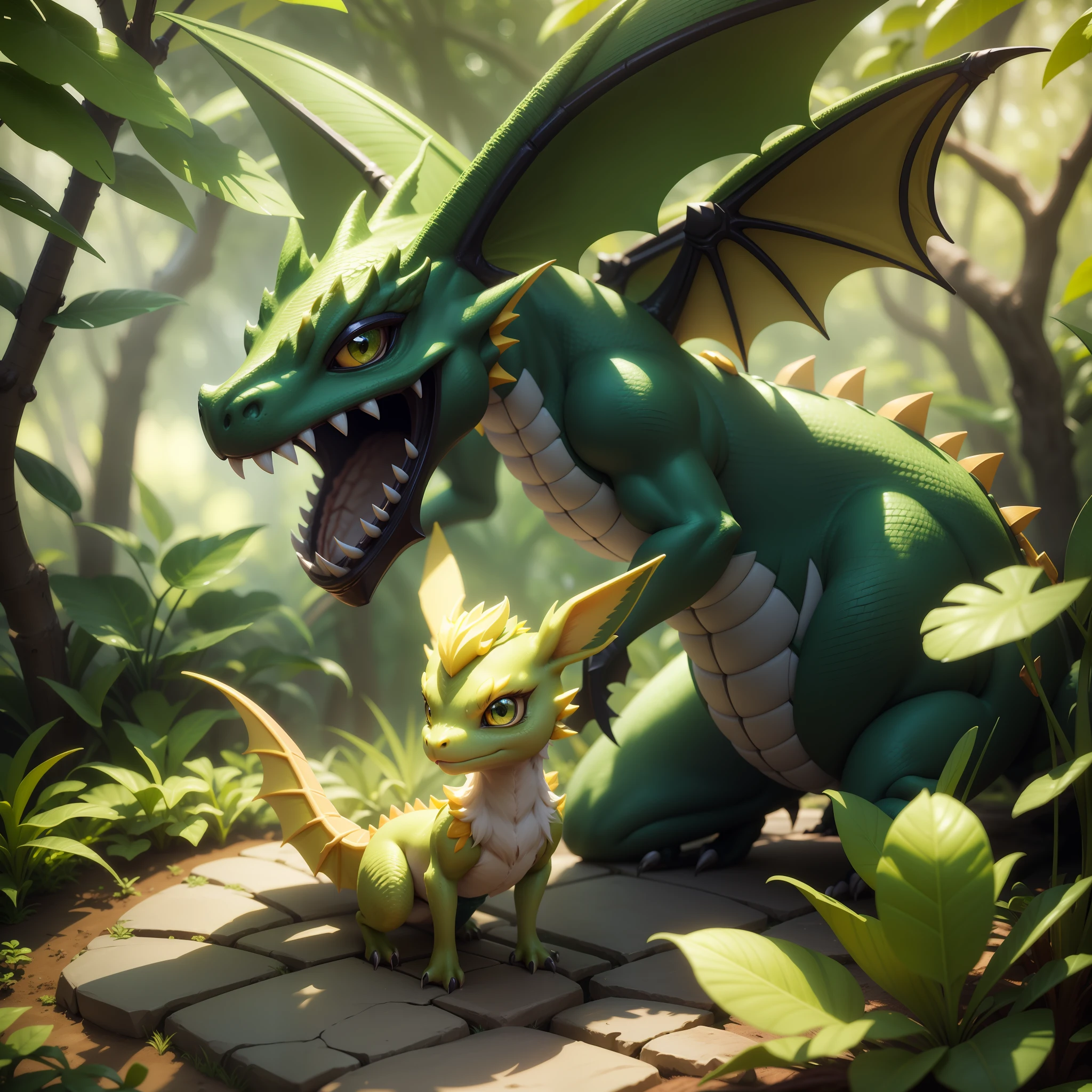 close up of a small yellow dragon with green eyes, polycount contest winner, trending on polycount, cute CG render, CG render stylized, 3 d render official art, magical garden plant creatures, stylized 3d render, blender eevee render, stylized as a 3d render, (octane render) fantasy style