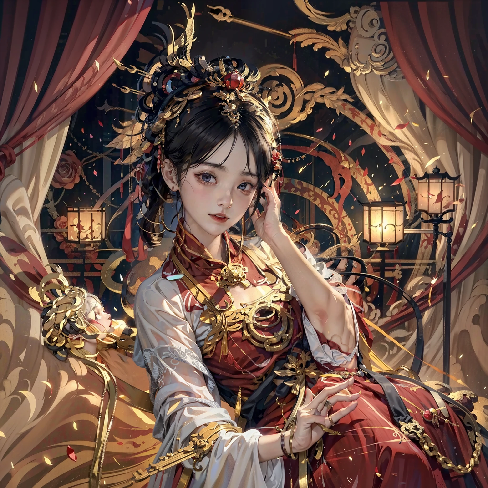 Best Quality, Masterpiece, Ultra Detail, Extreme Detail, 8k Wallpaper, Realistic Details, Movie Lighting, Dynamic Angle, World Mastery Theater, Best Quality, Extremely Delicate Beautiful Girl, Perfect Face, Delicate Facial Features, Perfect Hands, Delicate Eyelashes, Delicate Eyes, Ancient Chinese Hairstyle, Peking Opera, Horror, Spooky Atmosphere, Darkness, Red Lantern, Spirit Rune, Golden Ratio, Messy, Bust, Melancholy Expression, Small Laugh, Red Tears, Rose Petals, Red Candles, Side Look