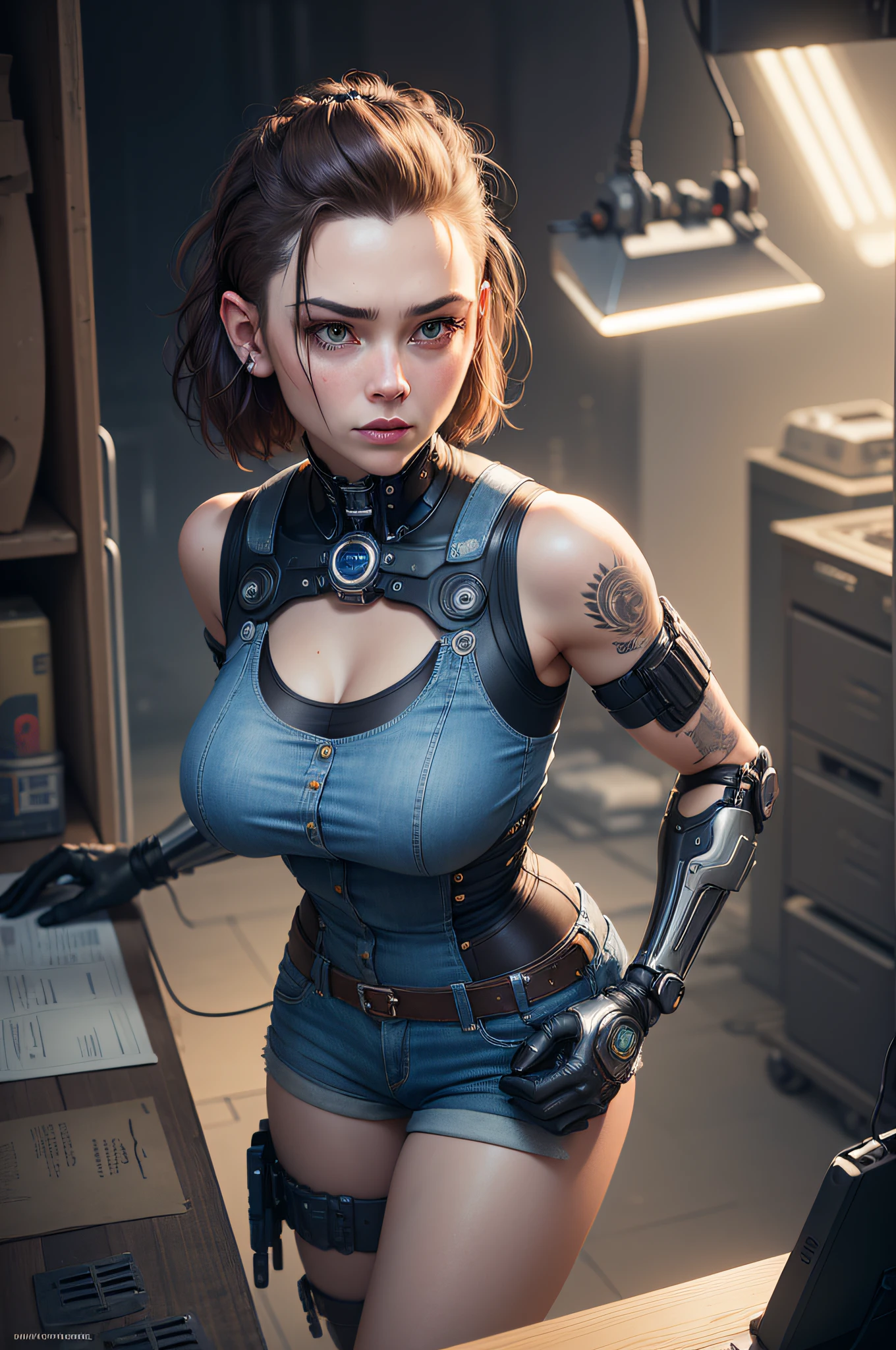 ultra detailed beautiful woman fixing device in the garage, (brown undercut hair:1.3), (cybernetic arms:1.1), dressed in (denim vest:1. 3) and short shorts, tattoo, (cyberpunk valentino:1.1), robotic parts, 150mm, beautiful studio soft light, rim light, bright details, luxury cyberpunk, , hyperrealistic, anatomical, facial muscles, elegant, beautiful background, octane render, H. R. Giger style, 8k, best quality, masterpiece, illustration, extremely delicate and beautiful, extremely detailed,CG,unity,wallpaper,(realistic, photo-realistic:1.37),Amazing, fine detail, masterpiece, best quality, official art, extremely detailed CG unity 8k wallpaper, absurdres, incredibly absurdres, robot, full body, (high angle:1.3)
