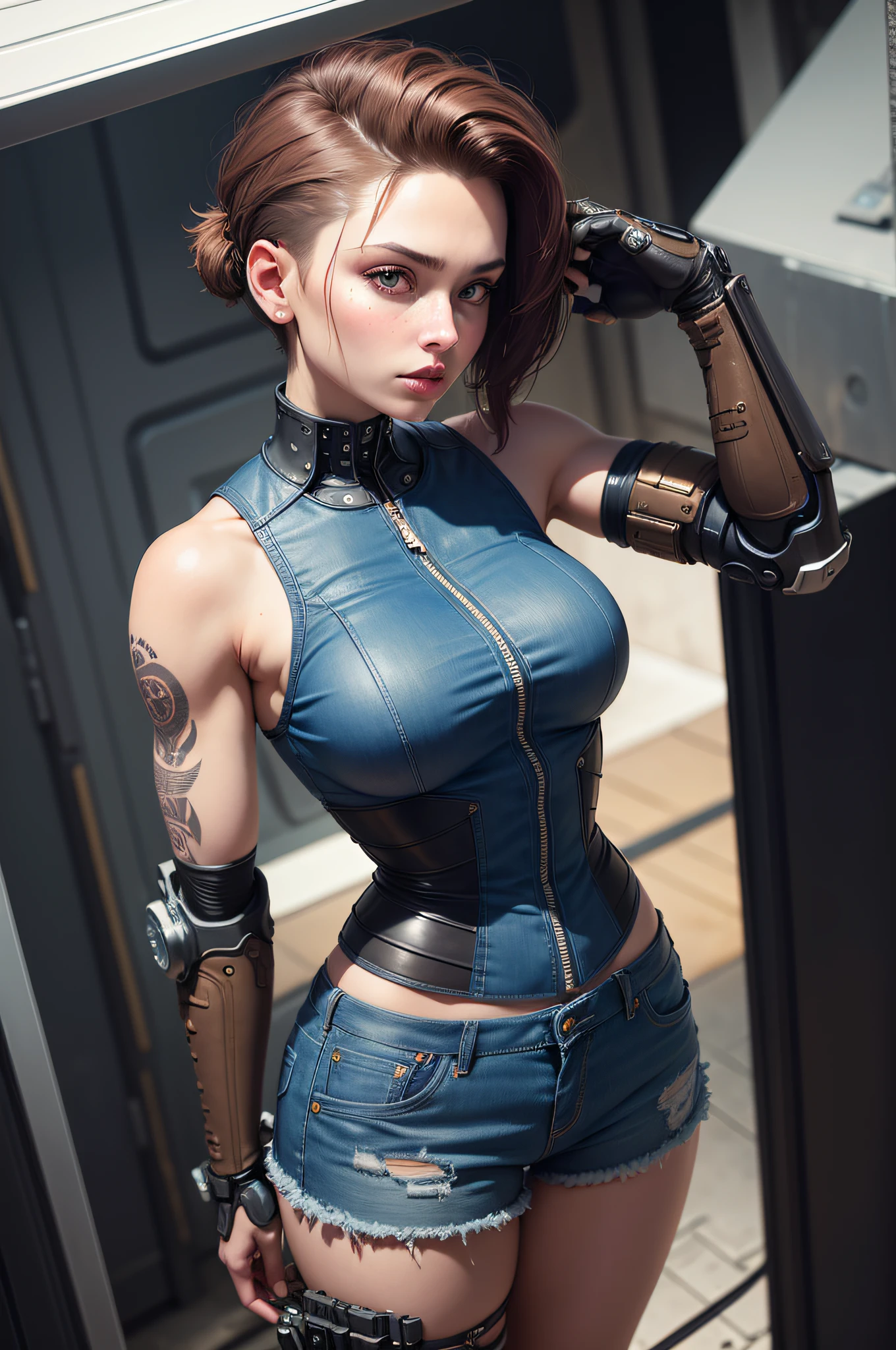 ultra detailed beautiful woman fixing device in the garage, (brown undercut hair:1.3), (cybernetic arms:1.1), dressed in (denim vest:1. 3) and short shorts, tattoo, (cyberpunk valentino:1.1), robotic parts, 150mm, beautiful studio soft light, rim light, bright details, luxury cyberpunk, , hyperrealistic, anatomical, facial muscles, elegant, beautiful background, octane render, H. R. Giger style, 8k, best quality, masterpiece, illustration, extremely delicate and beautiful, extremely detailed,CG,unity,wallpaper,(realistic, photo-realistic:1.37),Amazing, fine detail, masterpiece, best quality, official art, extremely detailed CG unity 8k wallpaper, absurdres, incredibly absurdres, robot, full body, (high angle:1.3)