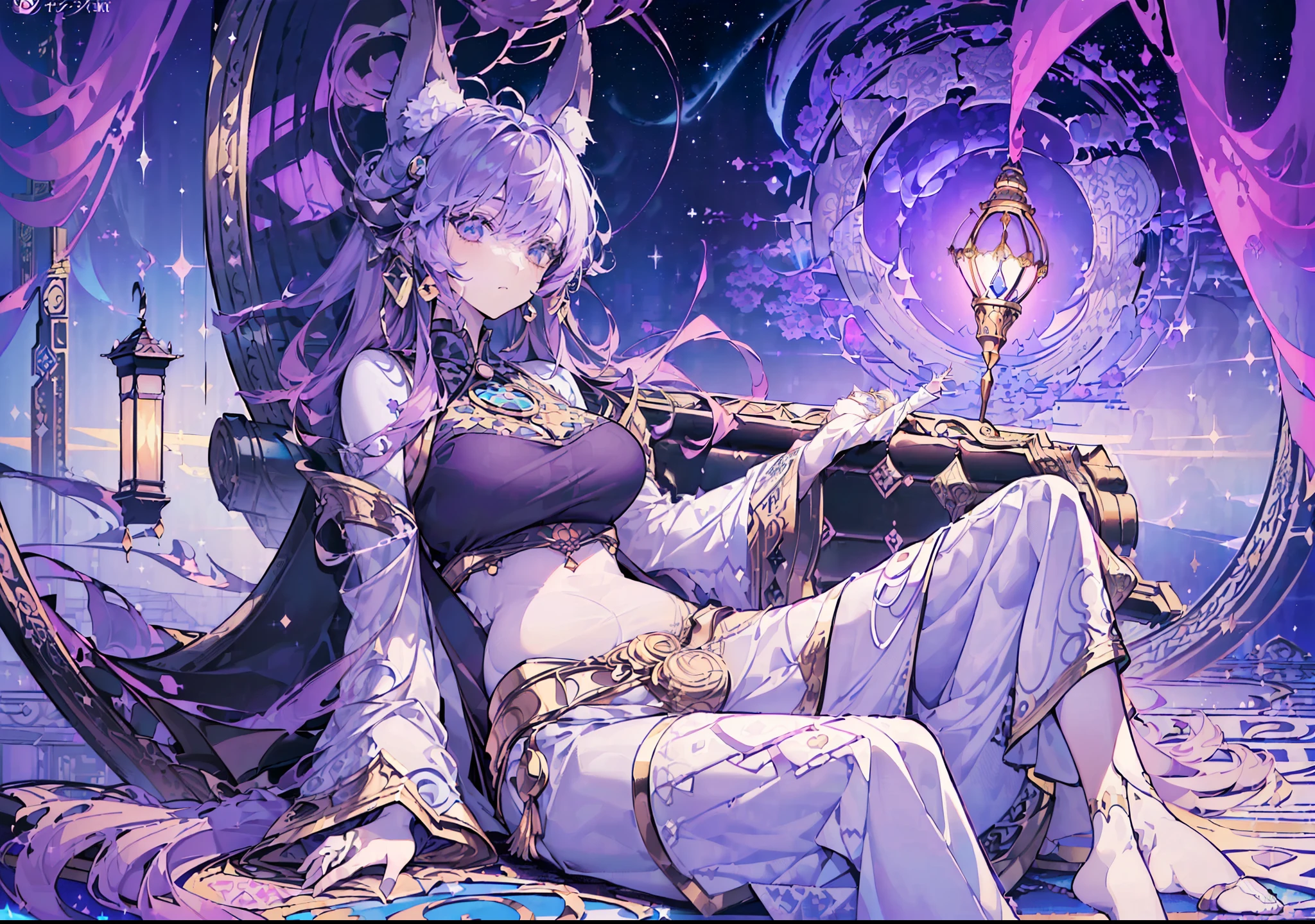 (floating big carpet:1.8) (A woman relaxing on a carpet floating in the night sky:1.5),(masterpiece, top quality, best quality, manga illustration,official art, beautiful and aesthetic,1woman,:1.5),Arabian Nights, sparkling eyes, Fox ears, delicately made accessories, belly dancing clothes, blissful look, relaxed, fun, masterpiece backgrand, night sky, shooting star, crescent moon,