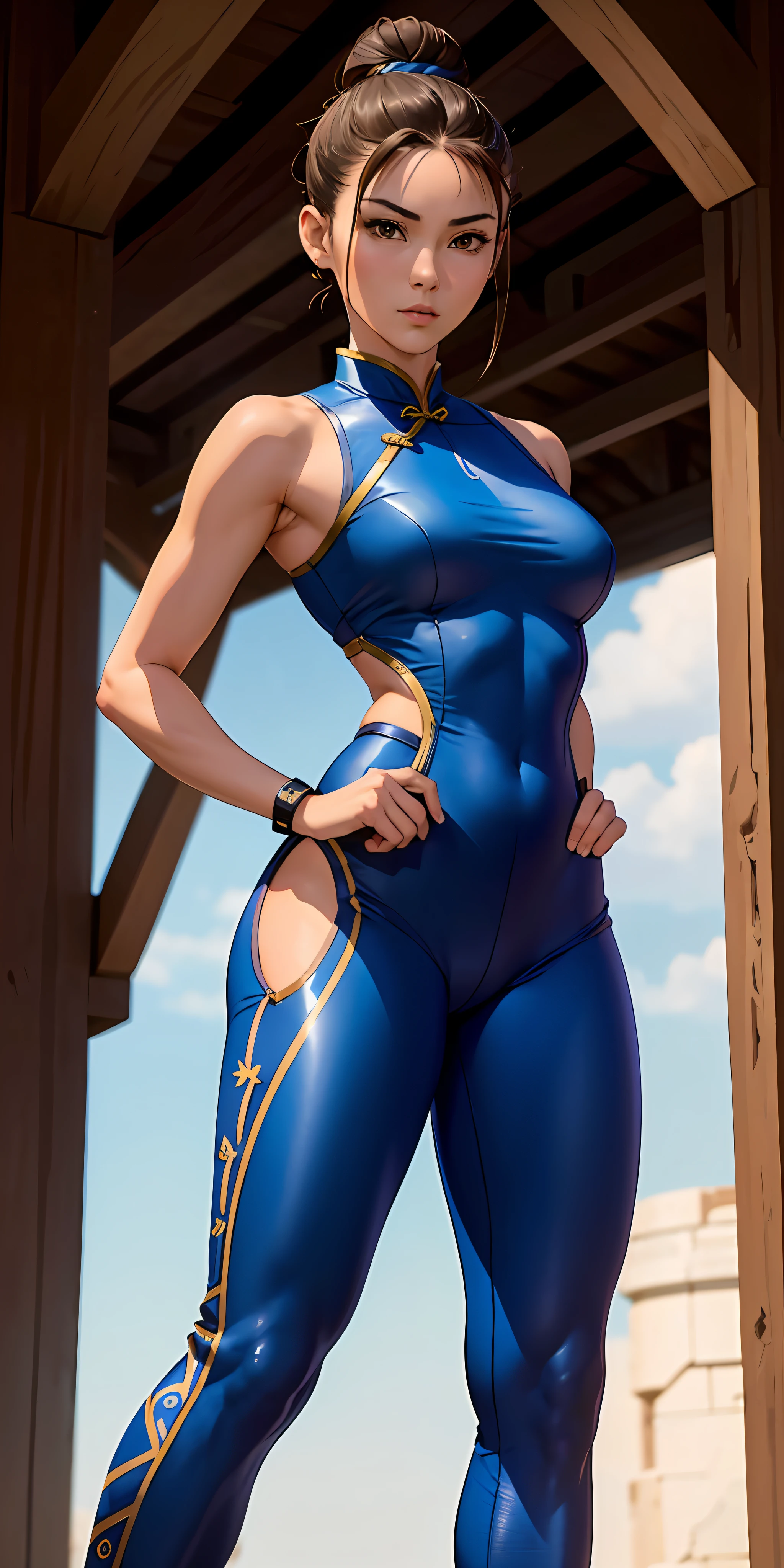 woman in her 20s, chunlims, (perfect face), defined jawline, beautiful brown eyes, beautiful lips, (short brown hair, hair bun, double bun), (perfect anatomy), (athletic body), (sexy), (thick thighs), (perfect hands), (blue cheongsam), tight blue track pants, spiky bracelets, looking at viewer, (medium full shot photograph), (fighting arena background), realistic