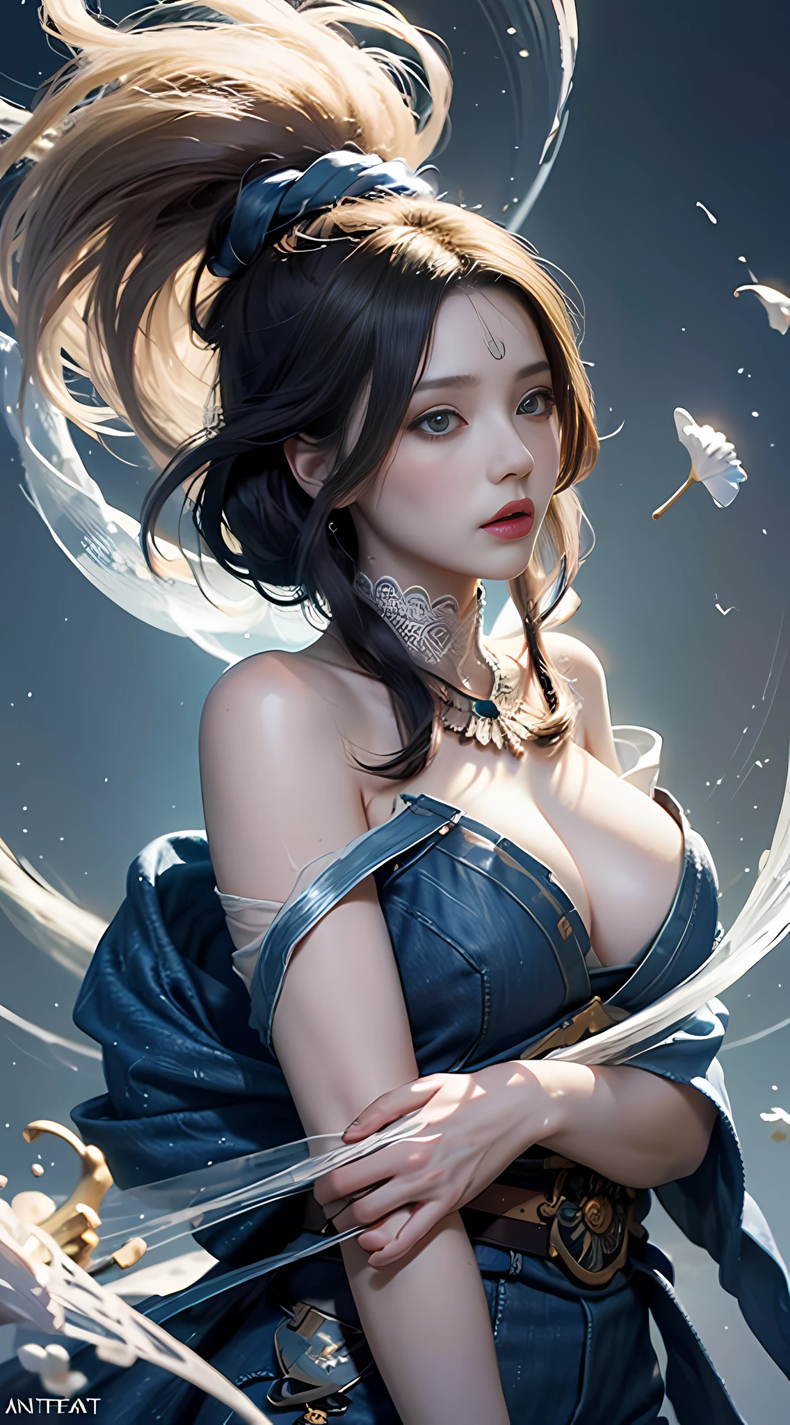 official art, Unity 8k wallpaper, super detailed, beauty and aesthetics, beauty, masterpiece, best quality, big breasts, (zen entanglement, mandala, tangled, tangled), dynamic angle, denim shot, most beautiful chaotic form, elegant, fauvist design, bright colors, romanticism, james jean, robbie devi antontono, ros tran, francis bacon, michal mraz, adrian gainey, petra cottwright, gerhard richter, takato yamamoto, ashleyWood, atmospheric, enjoy music streaming, where you can imagine musical notes, flower ecstasy, visible streaming notes, flower_style, rainbow candy, style swirl magic