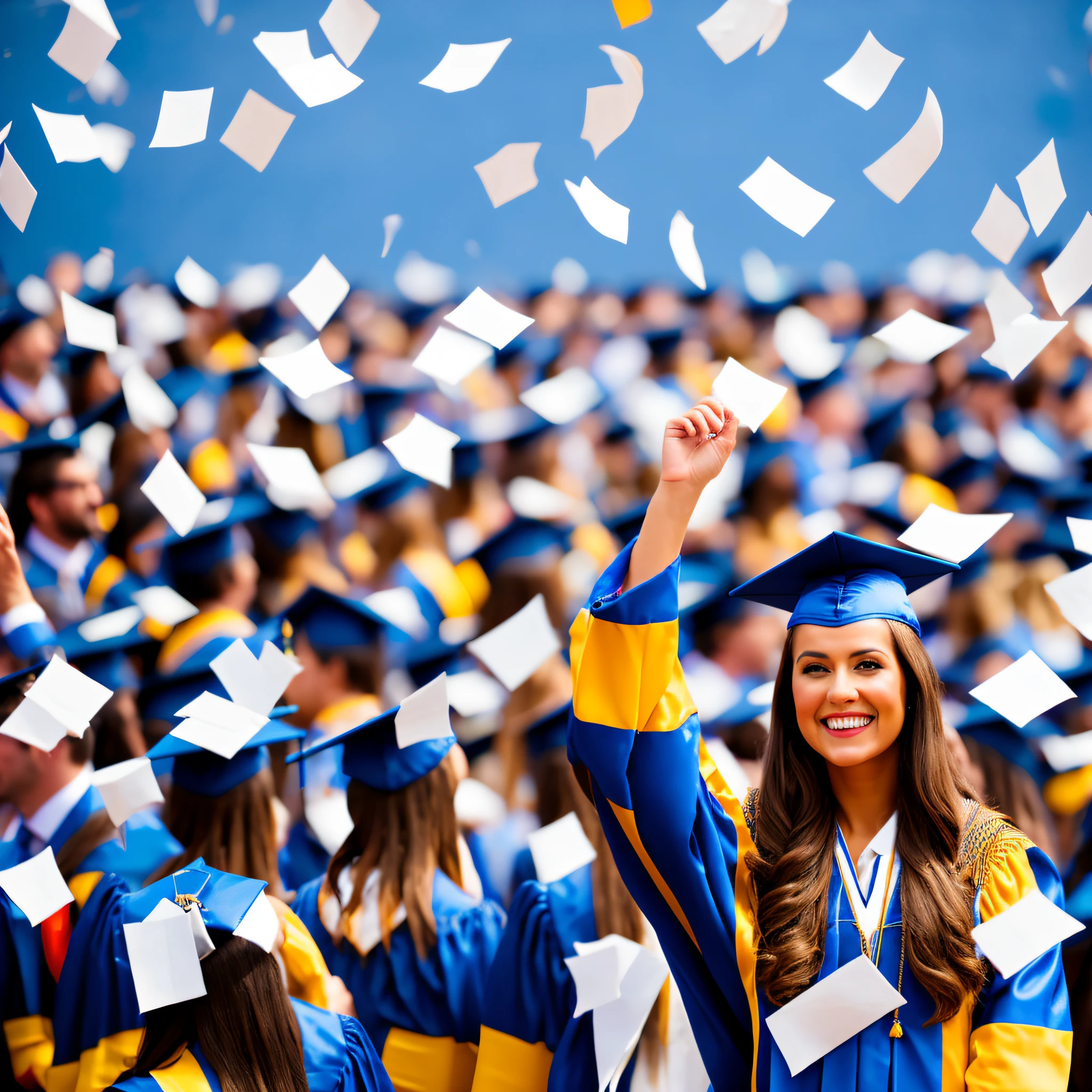 Ultra-realistic photography, dslr, one 26-year-old white girl with brown hair, brown eyes, medium tanned skin, very happy smile, celebration, blue and black graduation gown and hood, graduation ceremony with several other graduating people at the back, daytime, SONY 85mm, exquisite rendering, (long shot), high quality, soft lighting, daytime, looking slightly upwards, pieces of paper thrown up in the air
