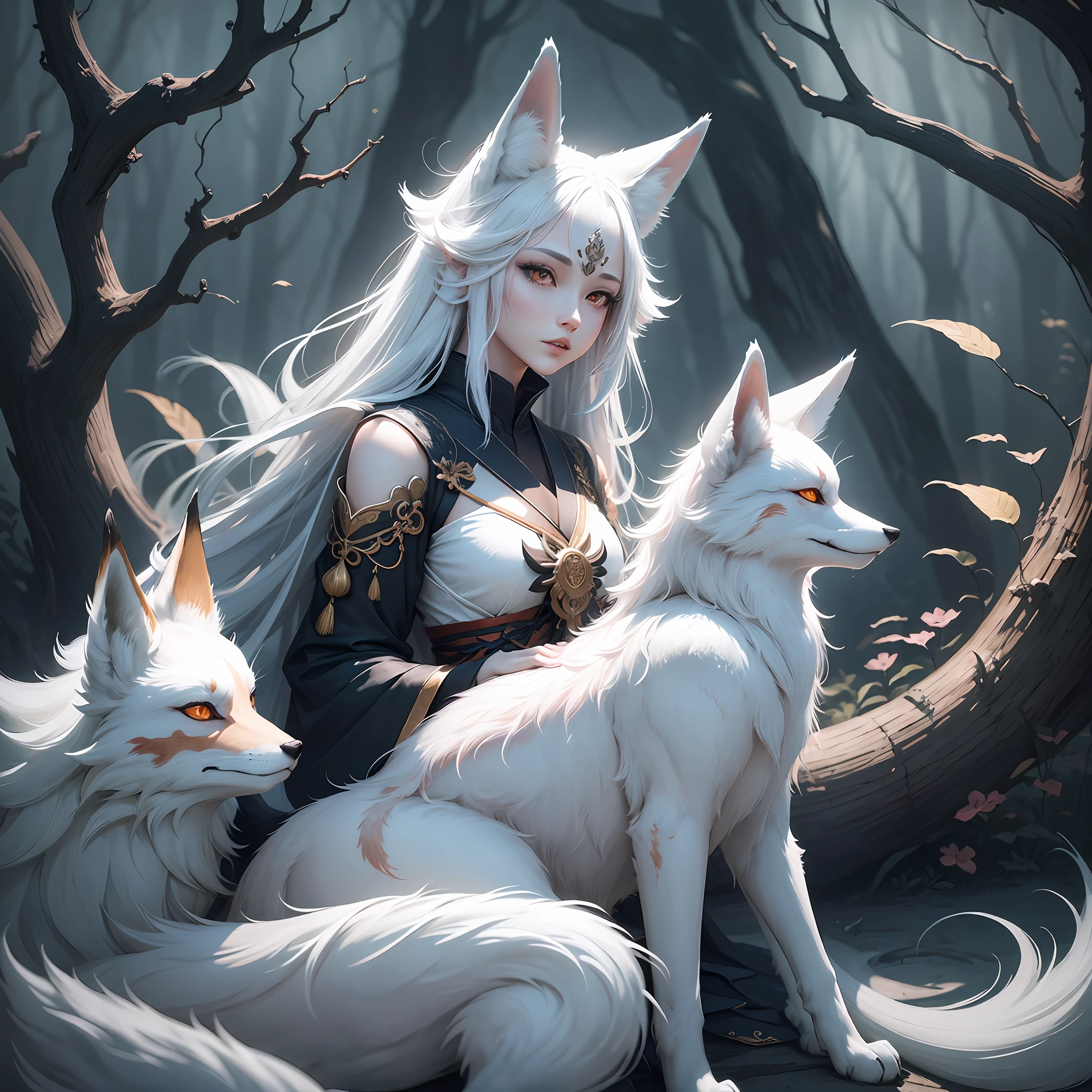 Drawing of a fox with white hair sitting on a branch, ethereal fox, nine-tailed fox, fox three-tailed fox, onmyoji detailed art, nine-tailed, beautiful artwork illustration, mythological creature, fox, beautiful Digital artwork, exquisite digital illustrations, mizutsune, inspired by mythical creatures Wildnet, digital art on pixiv, strong light, high contrast, horror movie theme, dark atmosphere --auto --s2
