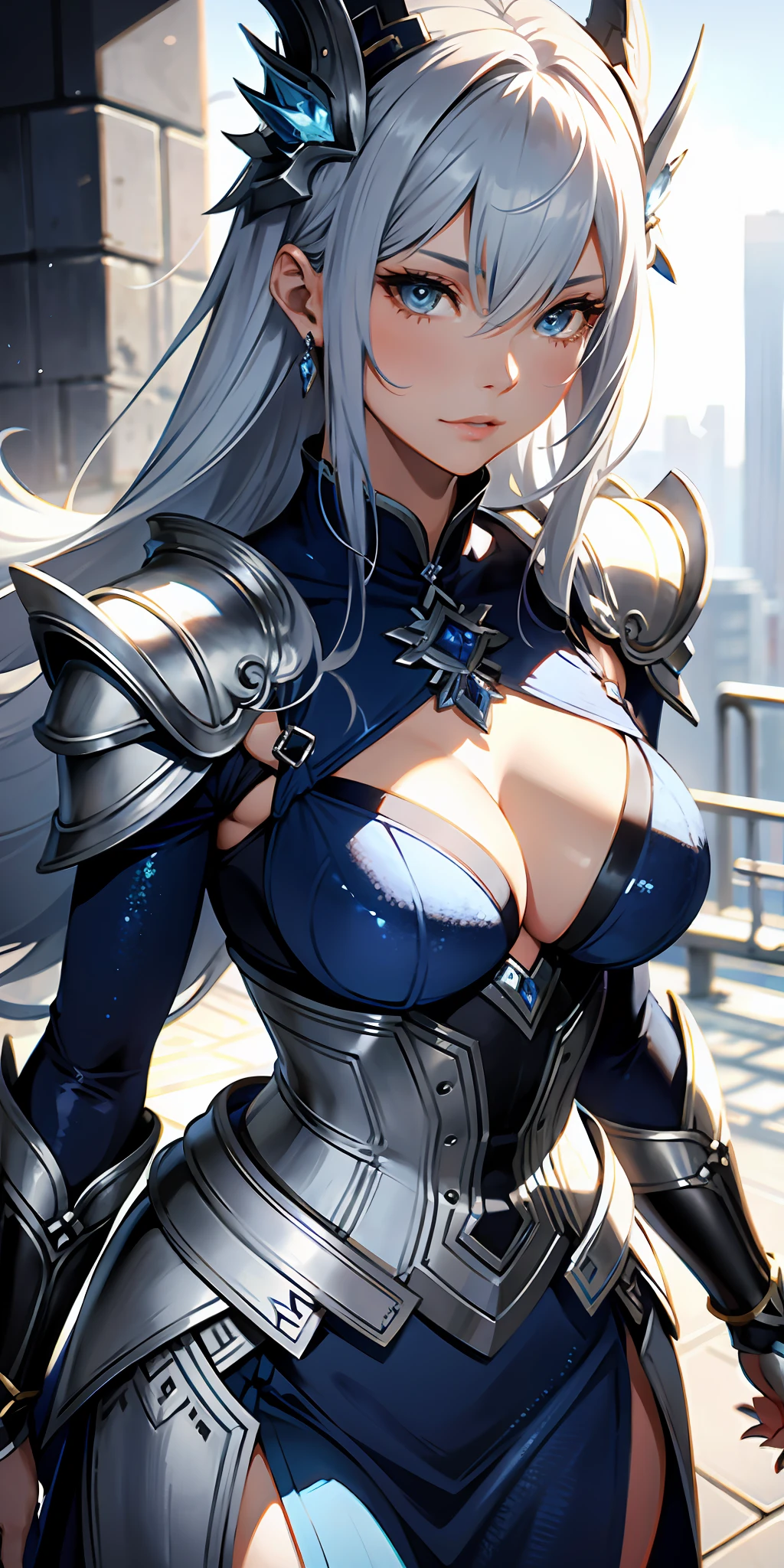 a close up of a woman in a silver and blue dress, chengwei pan on artstation, by Yang J, detailed fantasy art, stunning character art, fanart best artstation, epic exquisite character art, beautiful armor, extremely detailed artgerm, detailed digital anime art, artgerm on artstation pixiv, armor girl